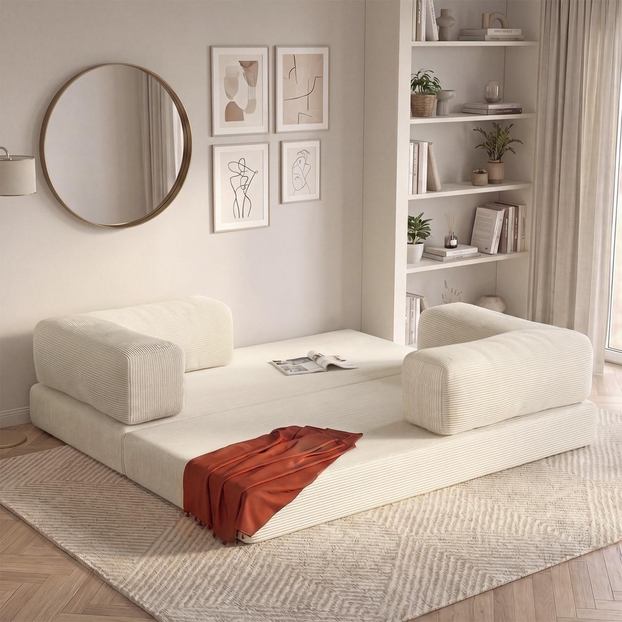 Voir la diapositive 3 : ID MARKET Canapé droit 3 places convertible natou en velours côtelé beige