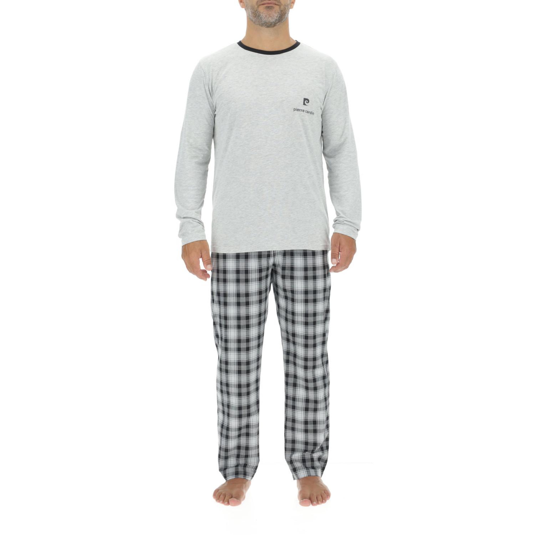 PIERRE CARDIN Ensemble pyjama long homme en popeline à carreaux et logo poitrine. Coloris disponibles : Gris