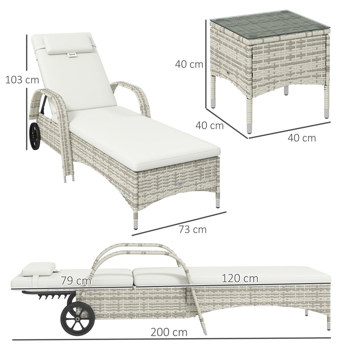 OUTSUNNY Lot de 2 bains de soleil inclinables tout confort avec table d'appoint résine tressée crème