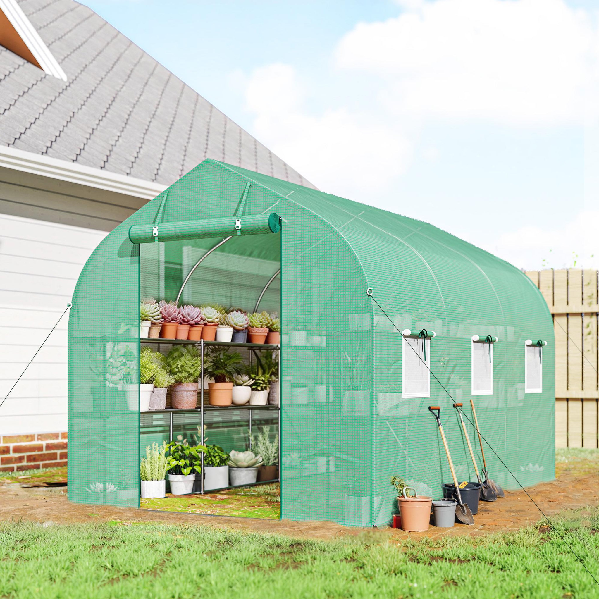 Voir la diapositive 6 : OUTSUNNY Serre tunnel de jardin étagères 6 fenêtres bâche pe acier vert