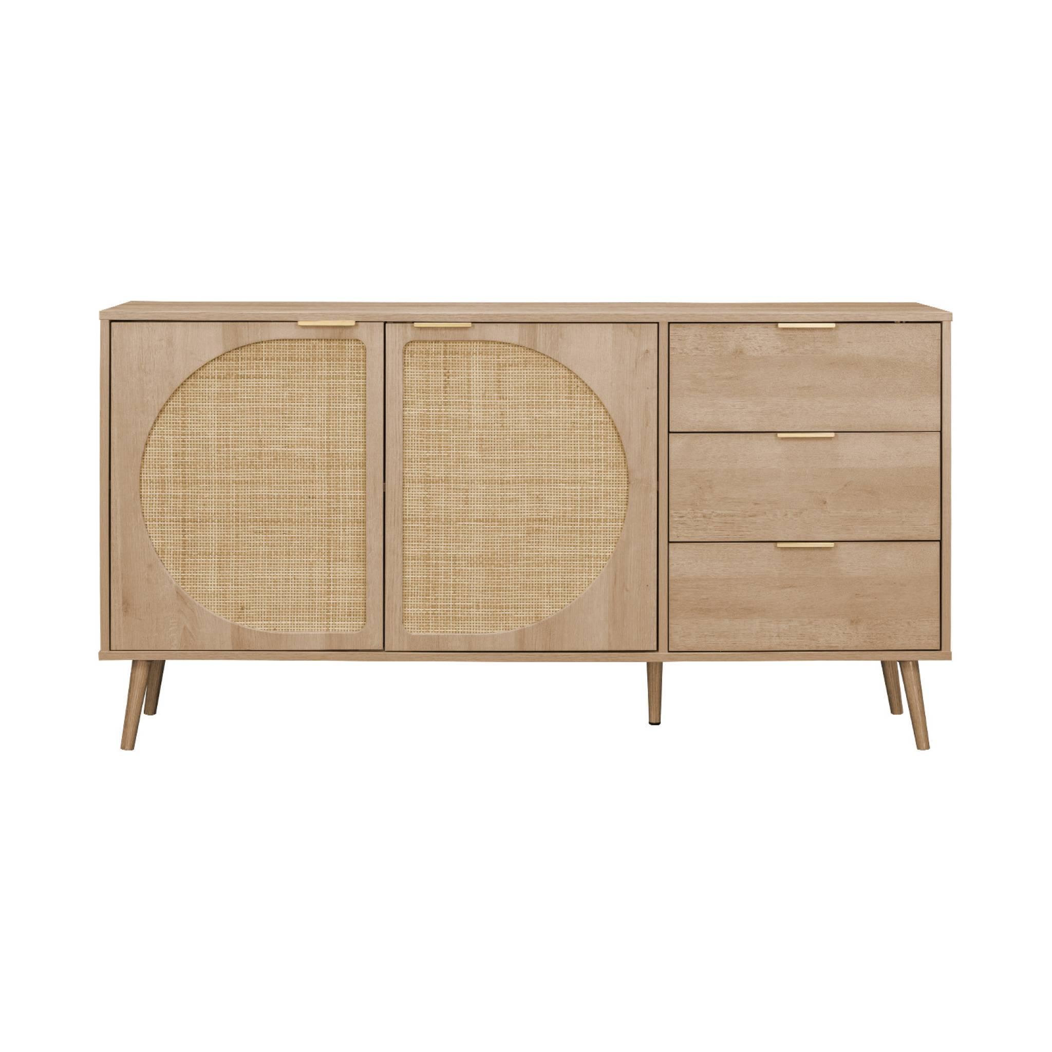 Voir la diapositive 5 : SWEEEK Buffet de rangement. Eva.  décor bois et cannage arrondi. 2 portes 3 tiroirs. buffet bas. L 150 x l 39 x H 79cm