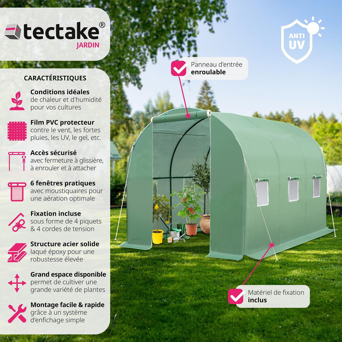 tectake Serre tunnel 11,4 m³ en forme de tunnel avec 6 fenêtres vert