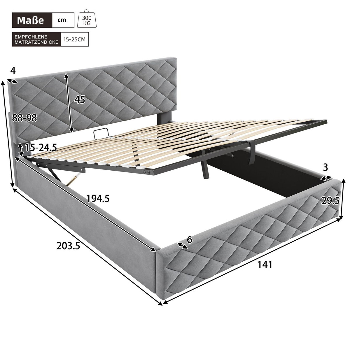 MERAX Lit coffre rembourré 140x200cm velours coloris gris