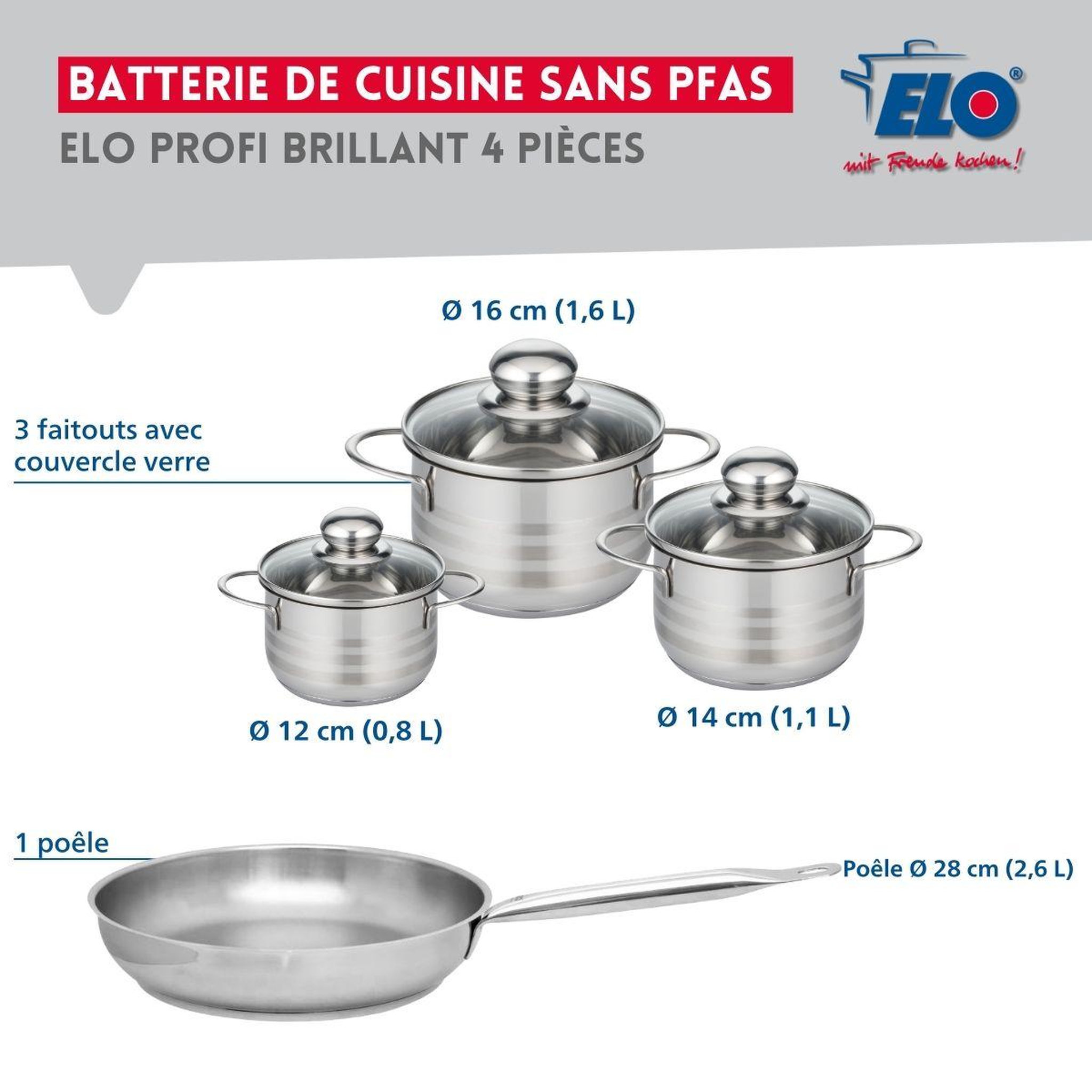 Voir la diapositive 2 : ELO Ensemble de 1 poêle de cuisson 28 cm et 3 faitouts 12, 14 et 16 cm elo profi brillant