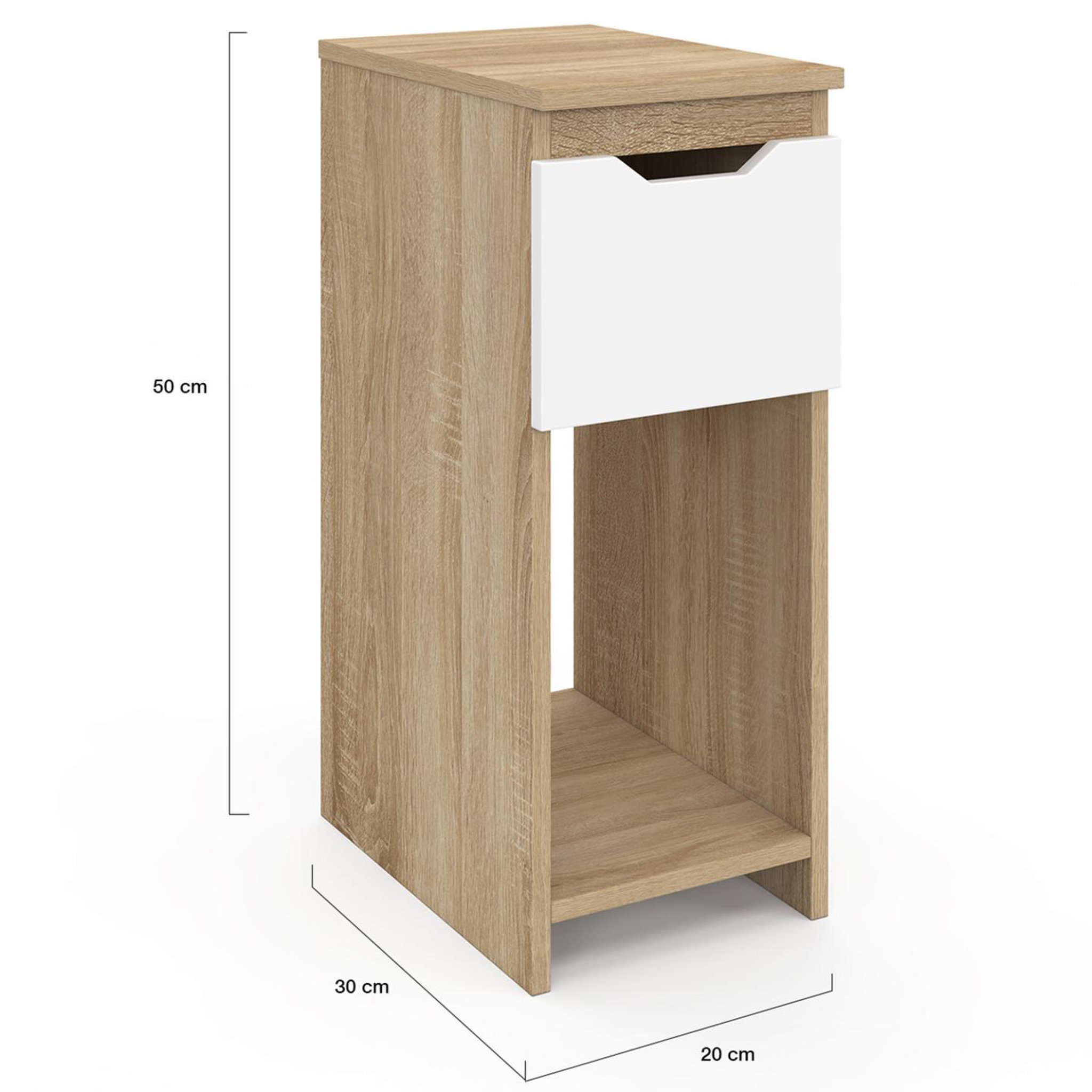 Voir la diapositive 4 : ID MARKET Lot de 2 tables de chevet étroites ANOUK 1 tiroir avec niche bois façon hêtre et blanc