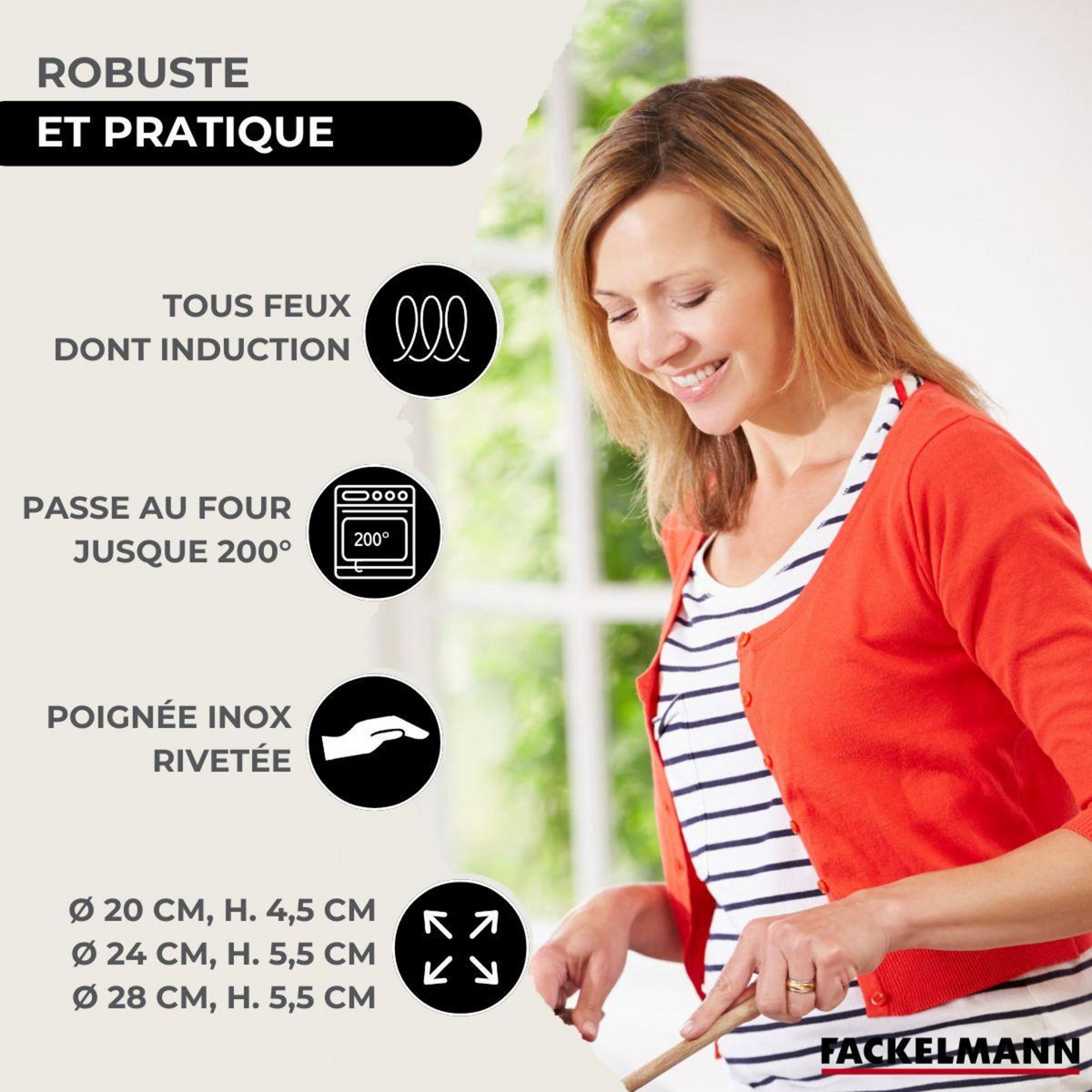 Fackelmann Set de 3 poêles 20, 24 et 28 cm en inox, 3 couvercles verre et 6 ustensiles inox Fackelmann Eterna