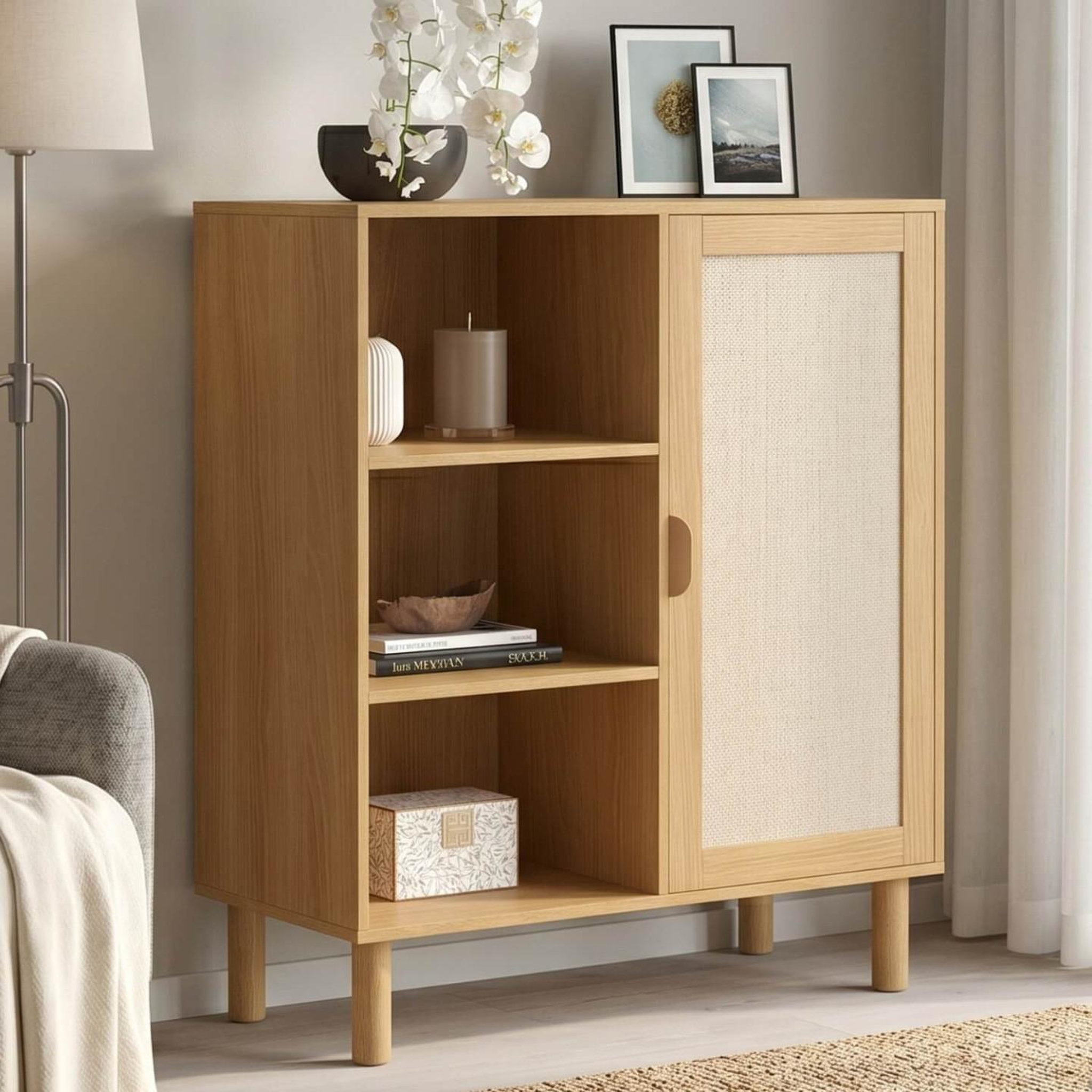Voir la diapositive 2 : ID MARKET Buffet d'appoint 3 étagères et placard 70 cm ROBIN meuble de rangement bois et tissu effet lin