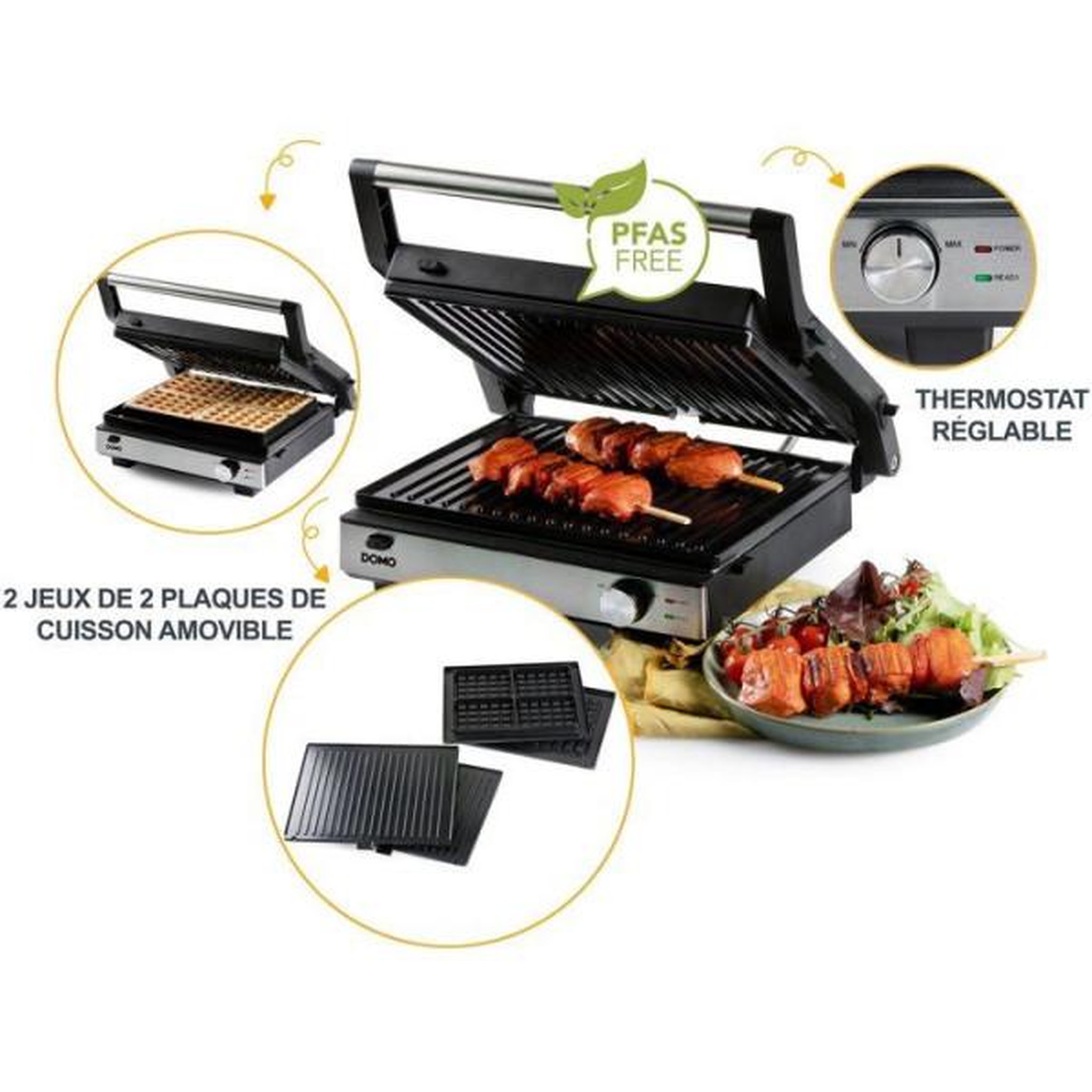 Voir la diapositive 2 : Domo Gril de contact multifonction 2 en 1 - DOMO - DO9287G - Gril et gaufrier - Plaques amovibles - 1800 W