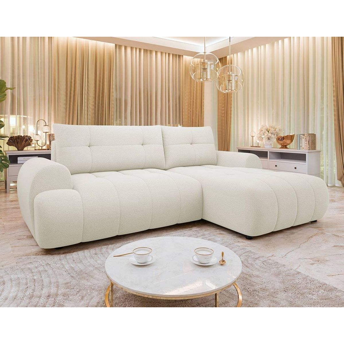 BEST MOBILIER Luzzio - canapé d'angle droit 4 places convertible avec coffre en tissu texturé