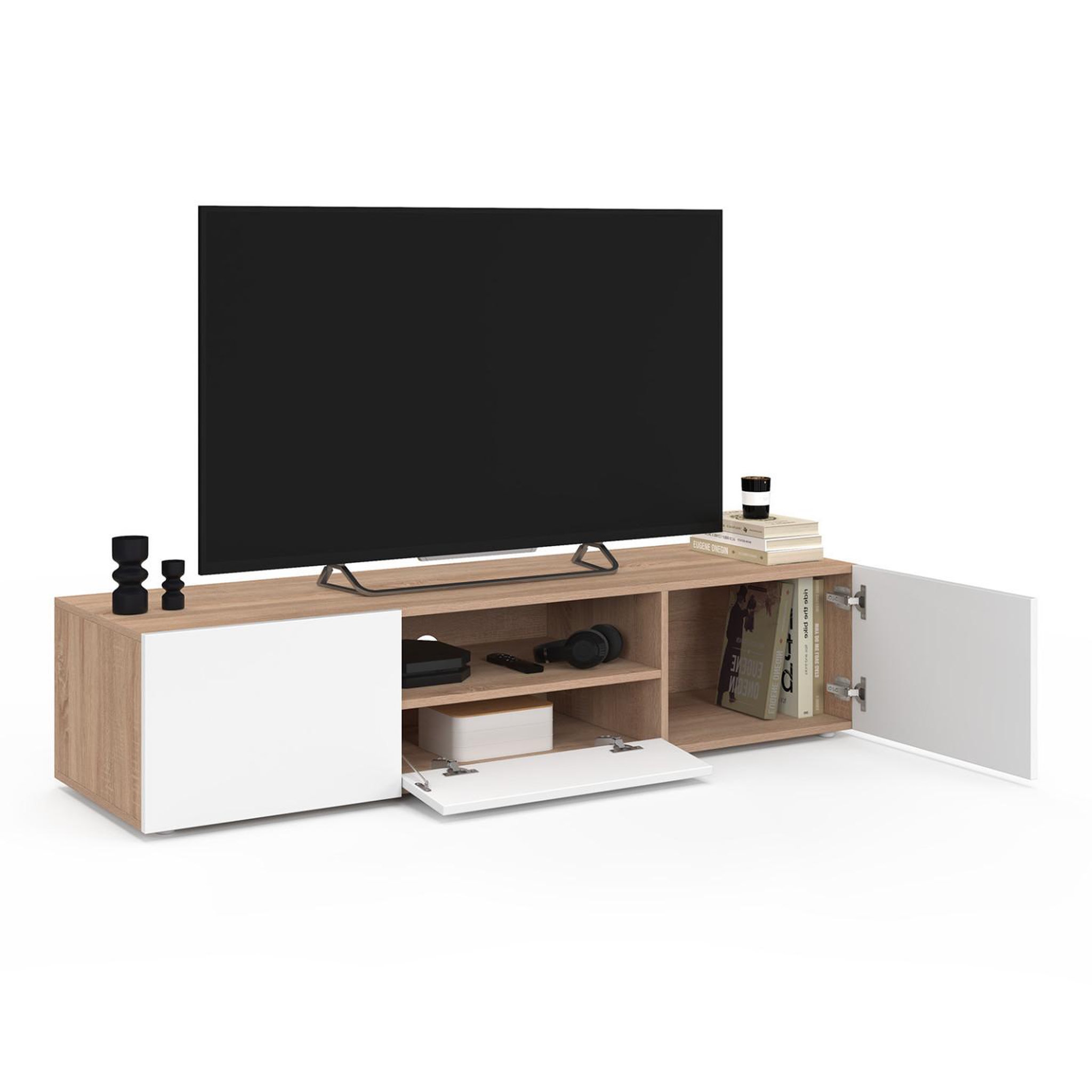 Voir la diapositive 4 : ID MARKET Meuble tv 140 cm eli bois façon hêtre portes blanches