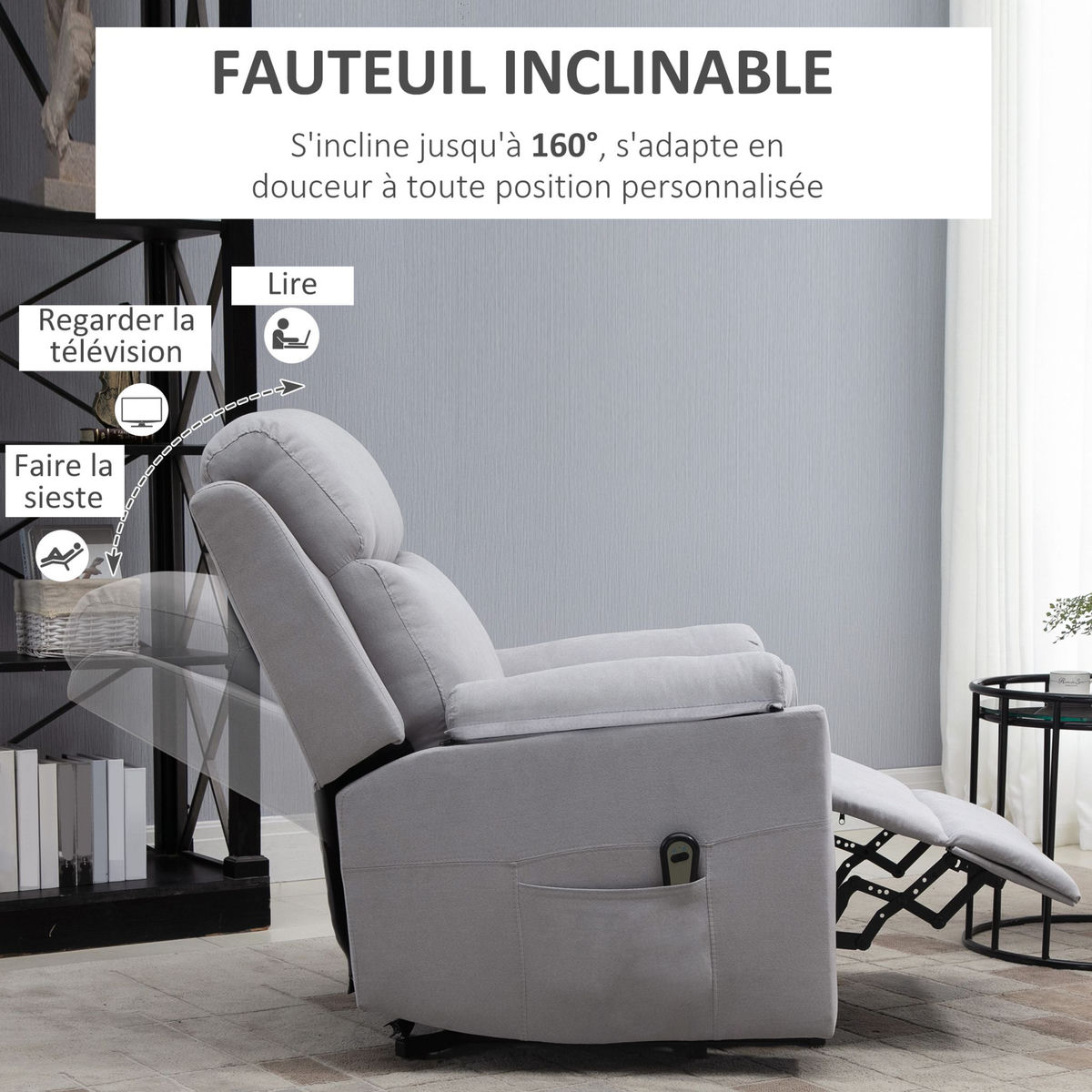 HOMCOM Fauteuil de relaxation électrique - fauteuil releveur inclinable avec repose-pied ajustable et télécommande - tissu aspect lin gris clair