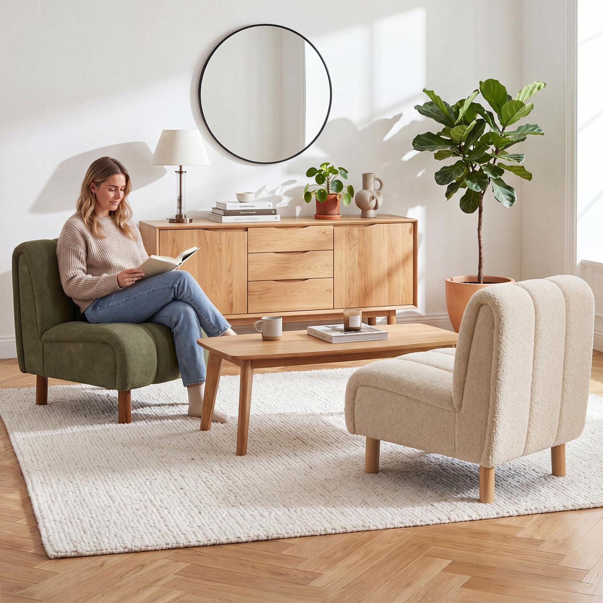 Voir la diapositive 6 : ID MARKET Fauteuil HECTOR tissu bouclette beige et pieds arrondis effet bois