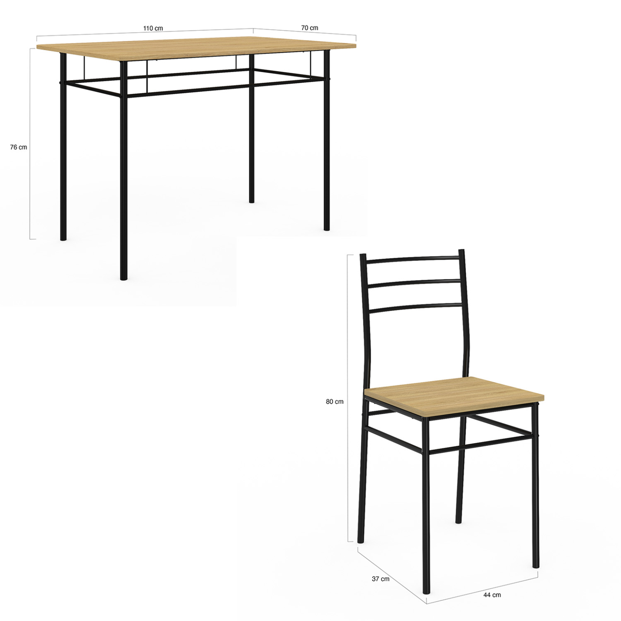 Voir la diapositive 5 : ID MARKET Ensemble table angie 4 personnes + 4 chaises bois et métal noir