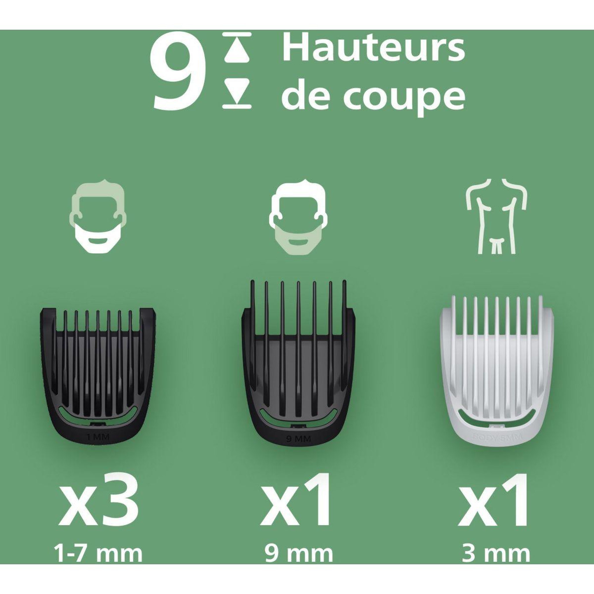 Voir la diapositive 2 : Philips Tondeuse multi usages mg3935/15 series 3000, 9 hauteurs de coupe, précision 1 mm, autonomie 70mn