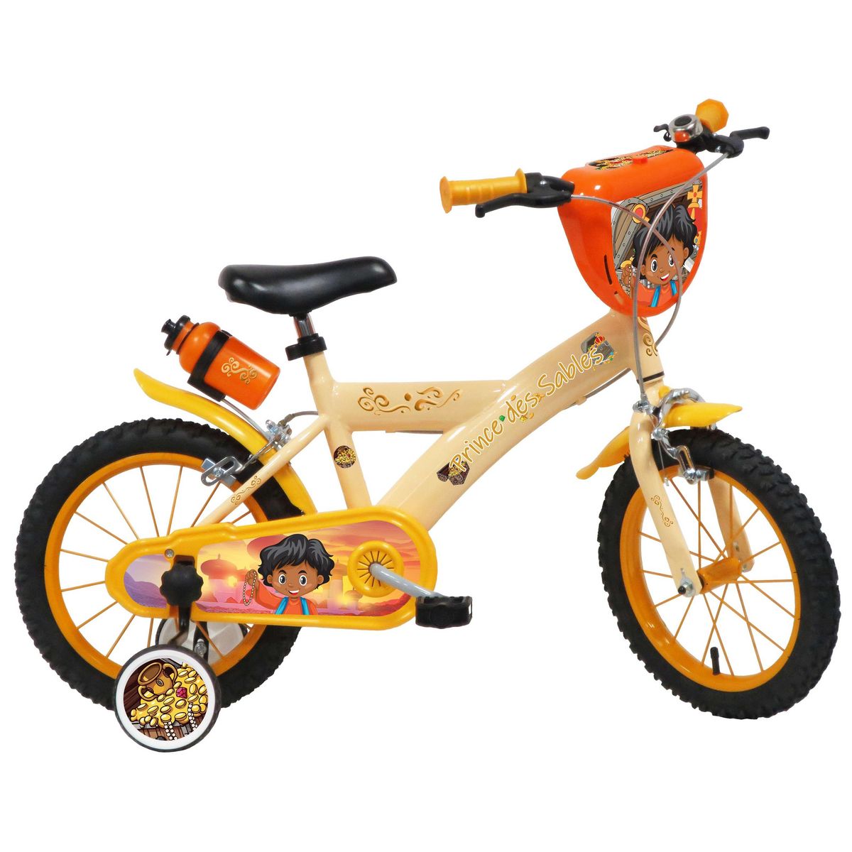 Vélo enfant - Modèle14'' Prince des sables pour enfant de 95/110 cm avec stabilisateurs - Plaque décorative avant - Porte bidon - 2 freins