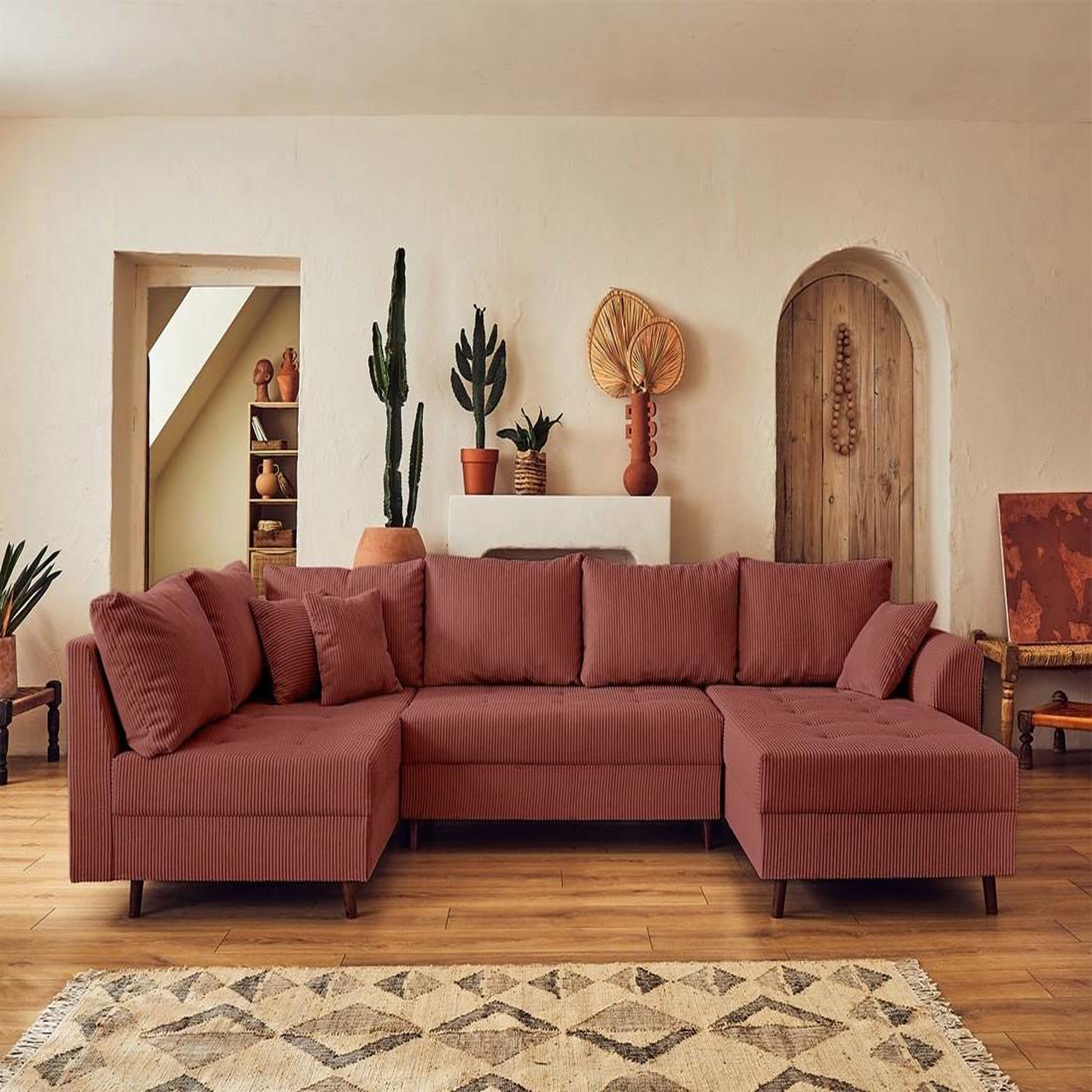 Voir la diapositive 5 : BEST MOBILIER Rune - canapé panoramique d'angle gauche - 7 places - avec pouf d'appoint - en velours côtelé