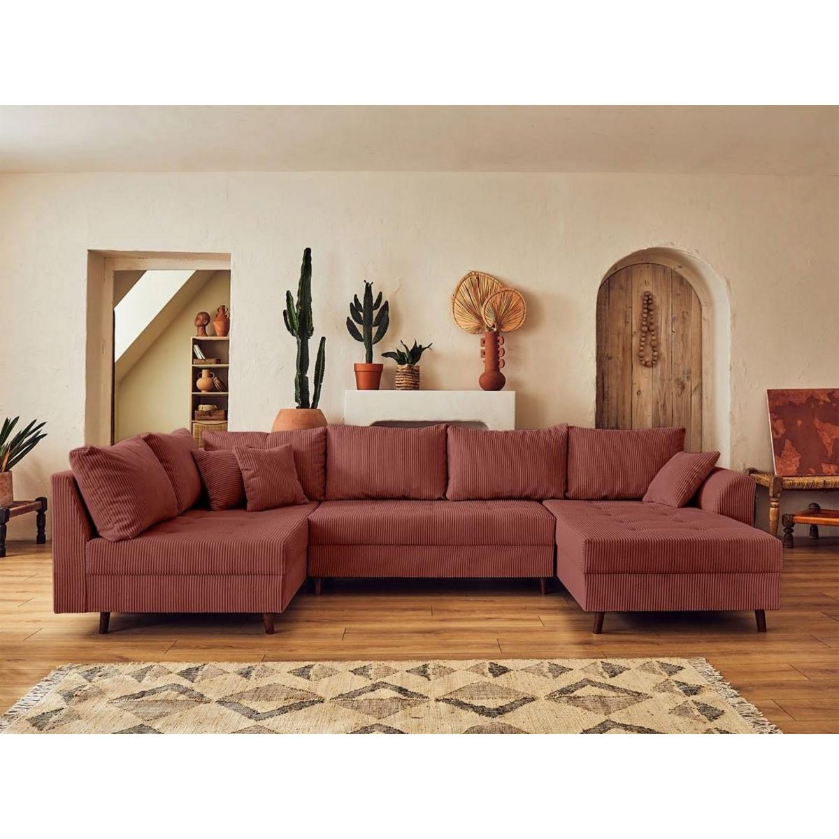 LISA DESIGN Rune - canapé panoramique d'angle gauche - 7 places - avec pouf d'appoint - en velours côtelé