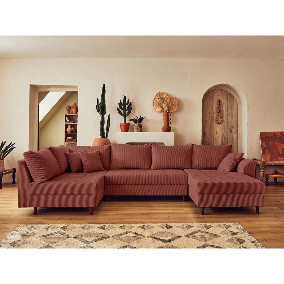 LISA DESIGN Rune - canapé panoramique d'angle gauche - 7 places - avec pouf d'appoint - en velours côtelé