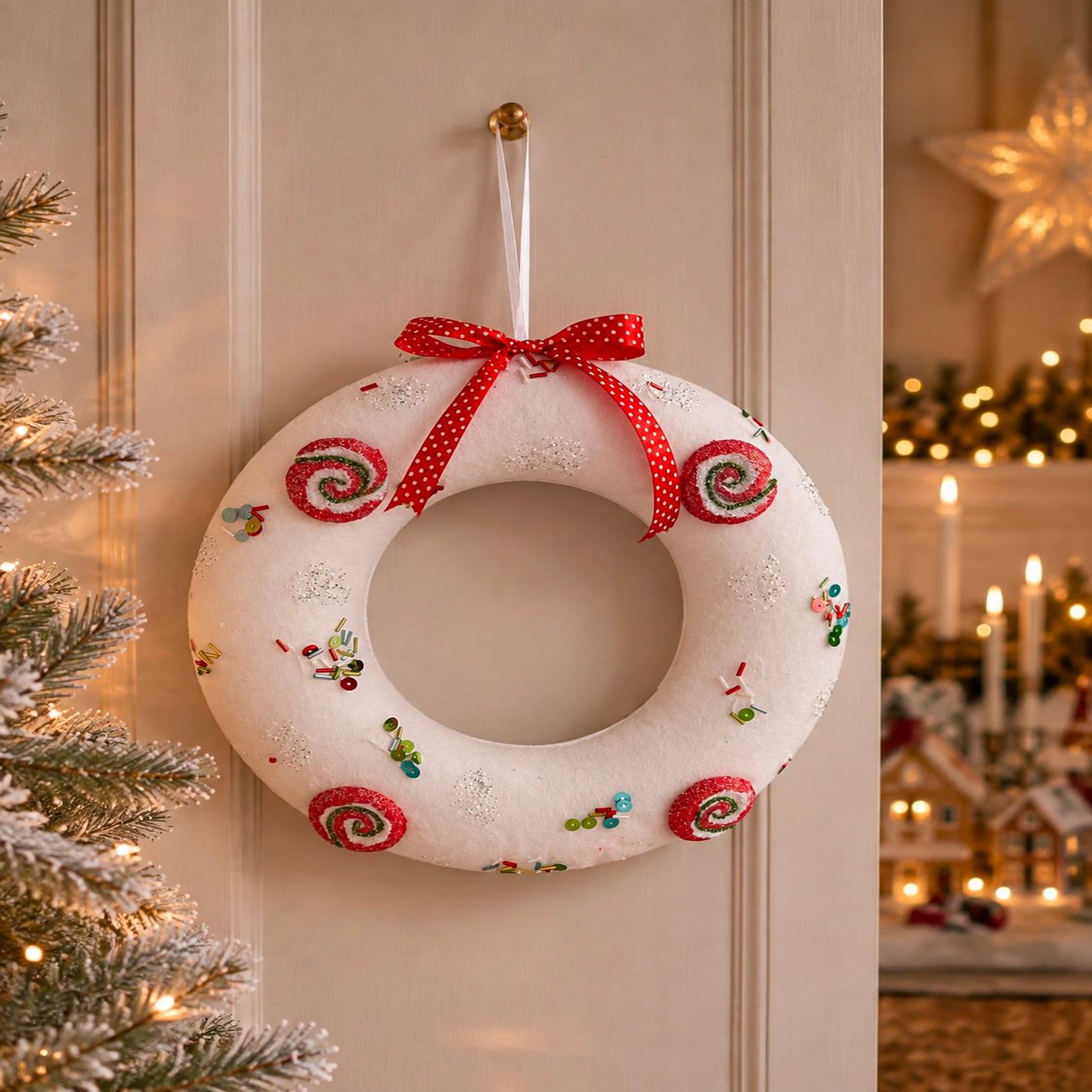 Voir la diapositive 2 : Eden Couronne de noël a suspendre effet velours  blanche  25 cm