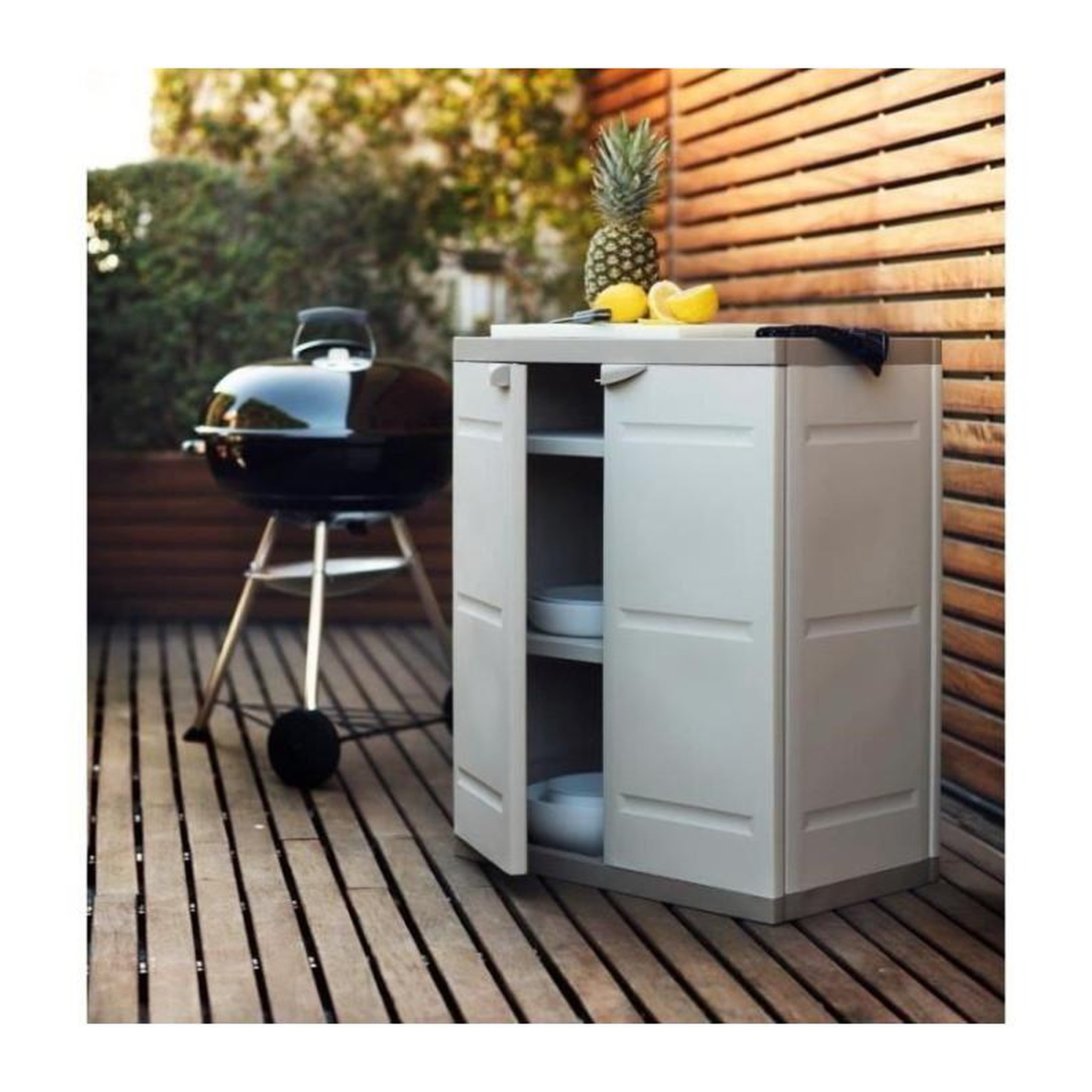 Voir la diapositive 3 : PLASTIKEN TITANIUM PLASTIKEN Armoire basse 2 portes avec etageres l70 x p44 x h88 cm Beige et Taupe Gamme TITANIUM Interieur/Exterieur
