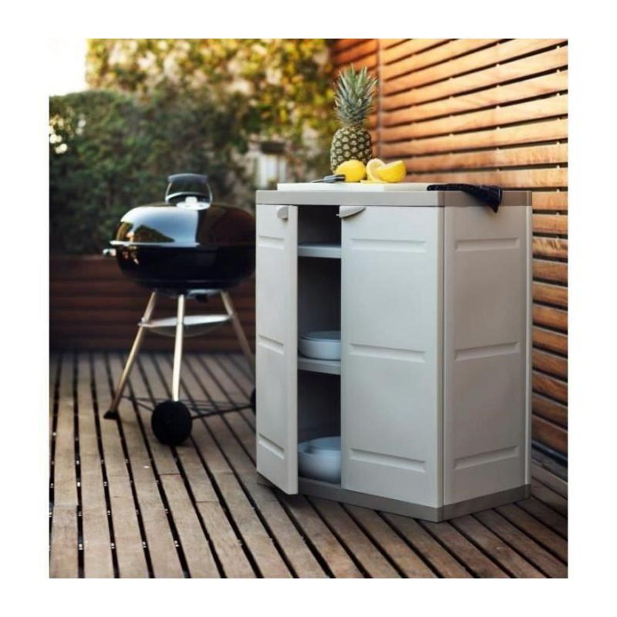 PLASTIKEN TITANIUM PLASTIKEN Armoire basse 2 portes avec etageres l70 x p44 x h88 cm Beige et Taupe Gamme TITANIUM Interieur/Exterieur