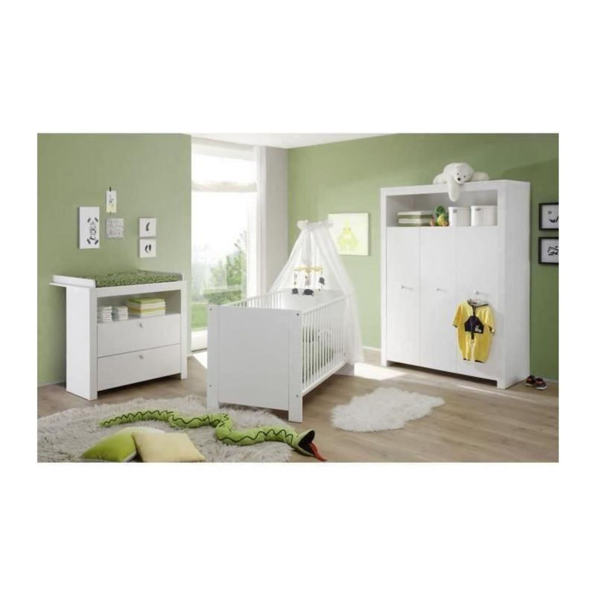 TREND TEAM OLIVIA Chambre Bebe Complete : Lit 70*140 cm + Armoire + Commode - blanc