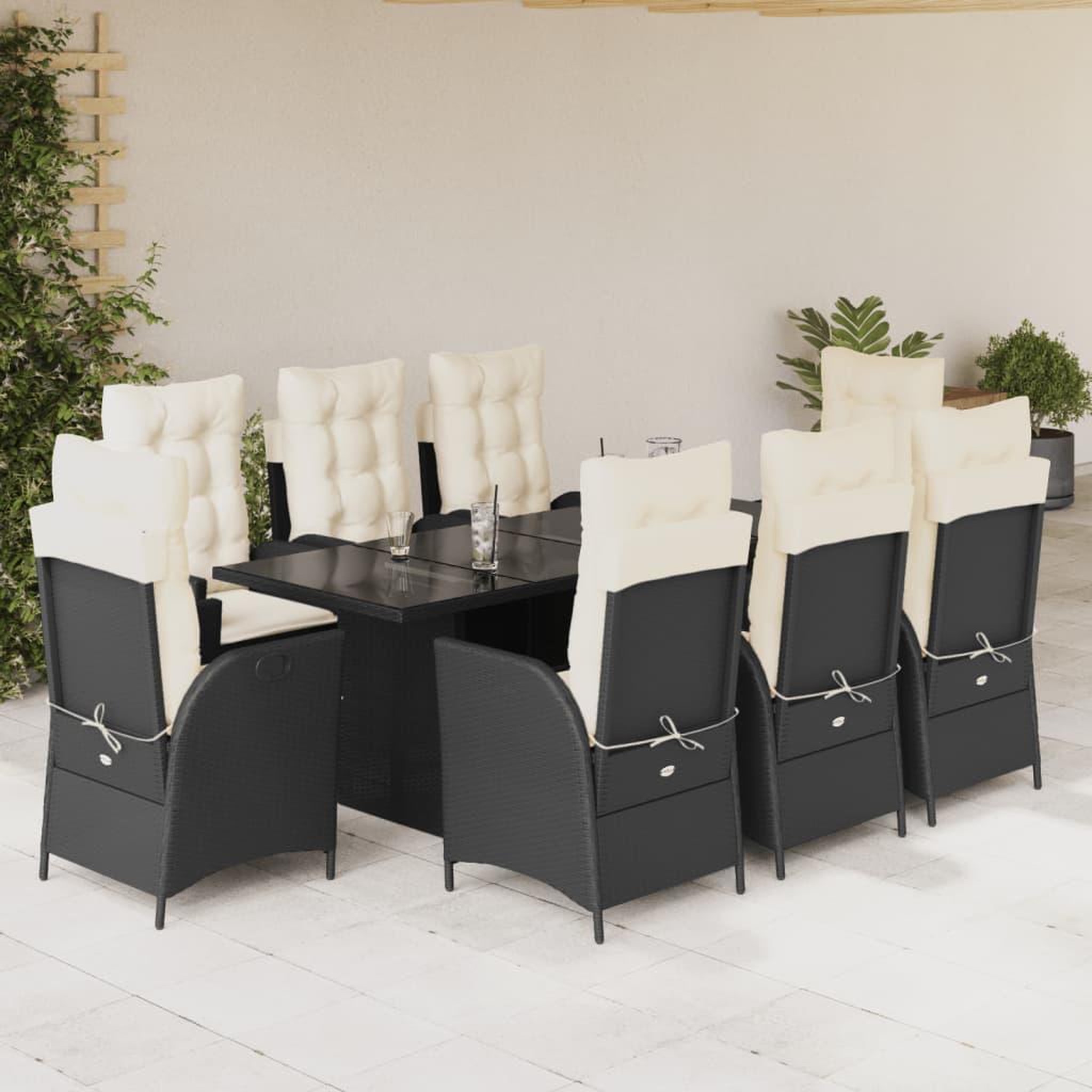 VIDAXL Ensemble a manger de jardin 9pcs coussins noir resine tressee