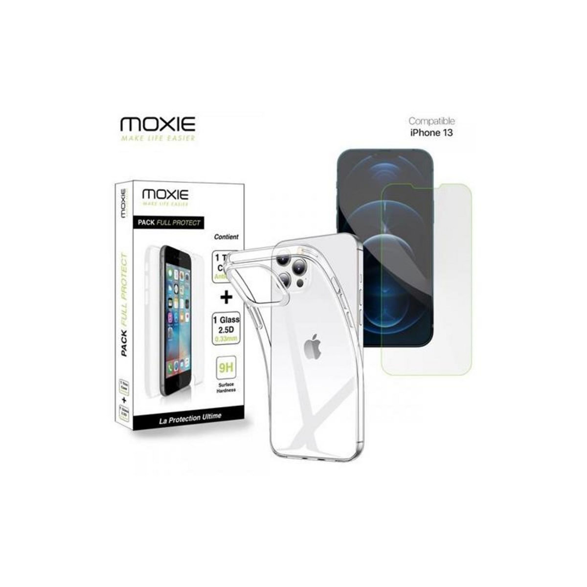 MOXIE Pack Housse TPU Moxie pour iPhone 13 Transparent + Verre trempé 2.5D