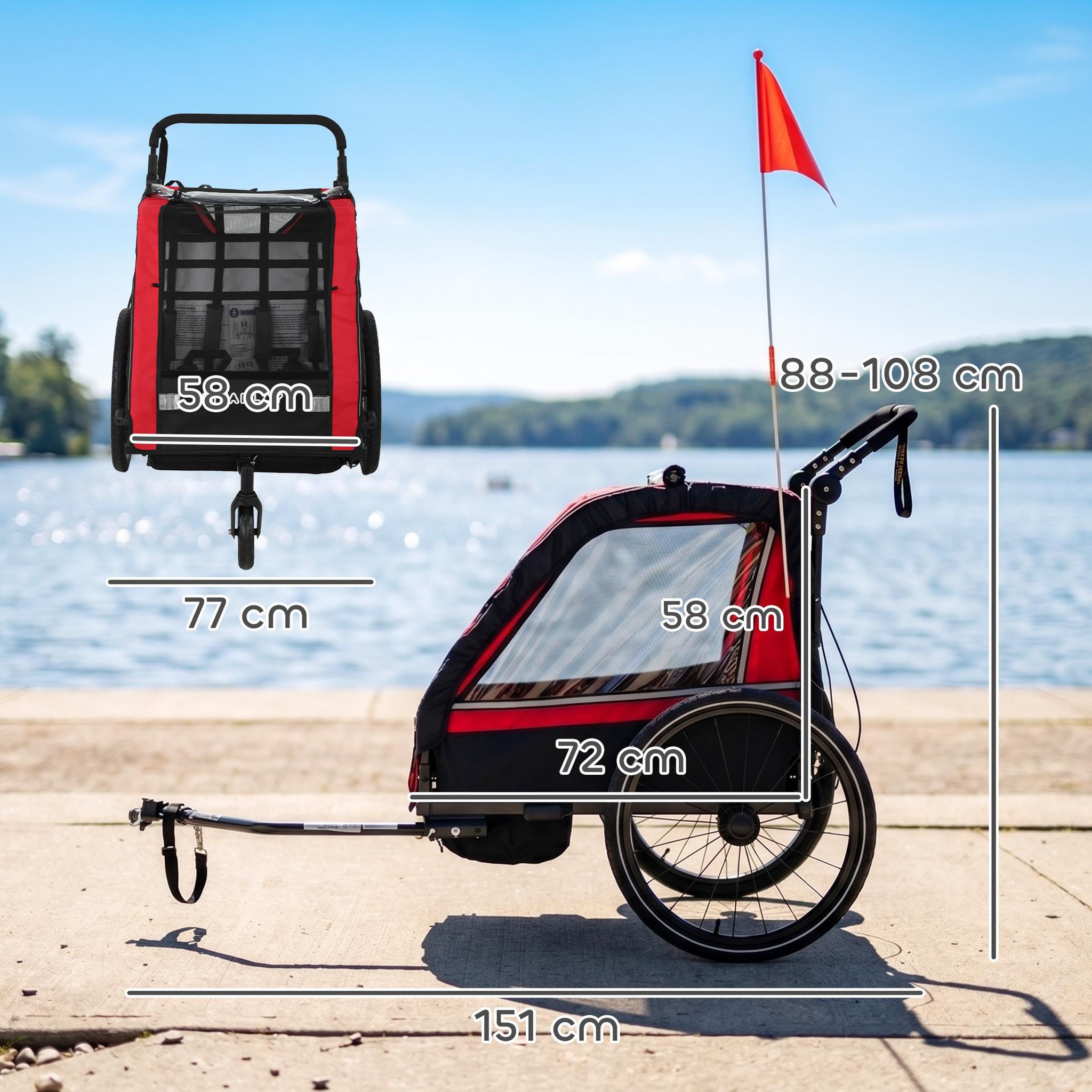 Voir la diapositive 3 : HOMCOM Remorque vélo jogger 2 en 1 pour enfant drapeau roue avant pivotante réflecteurs et barre d'attelage inclus rouge noir