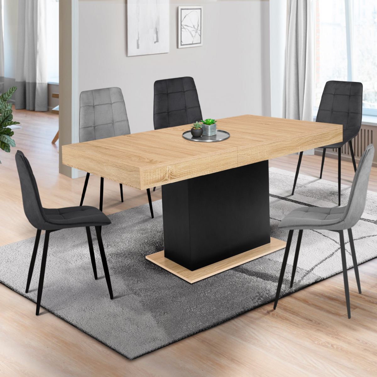 ID MARKET Table à manger extensible rectangle EDEN 6-10 personnes bois et noir 160-200 cm