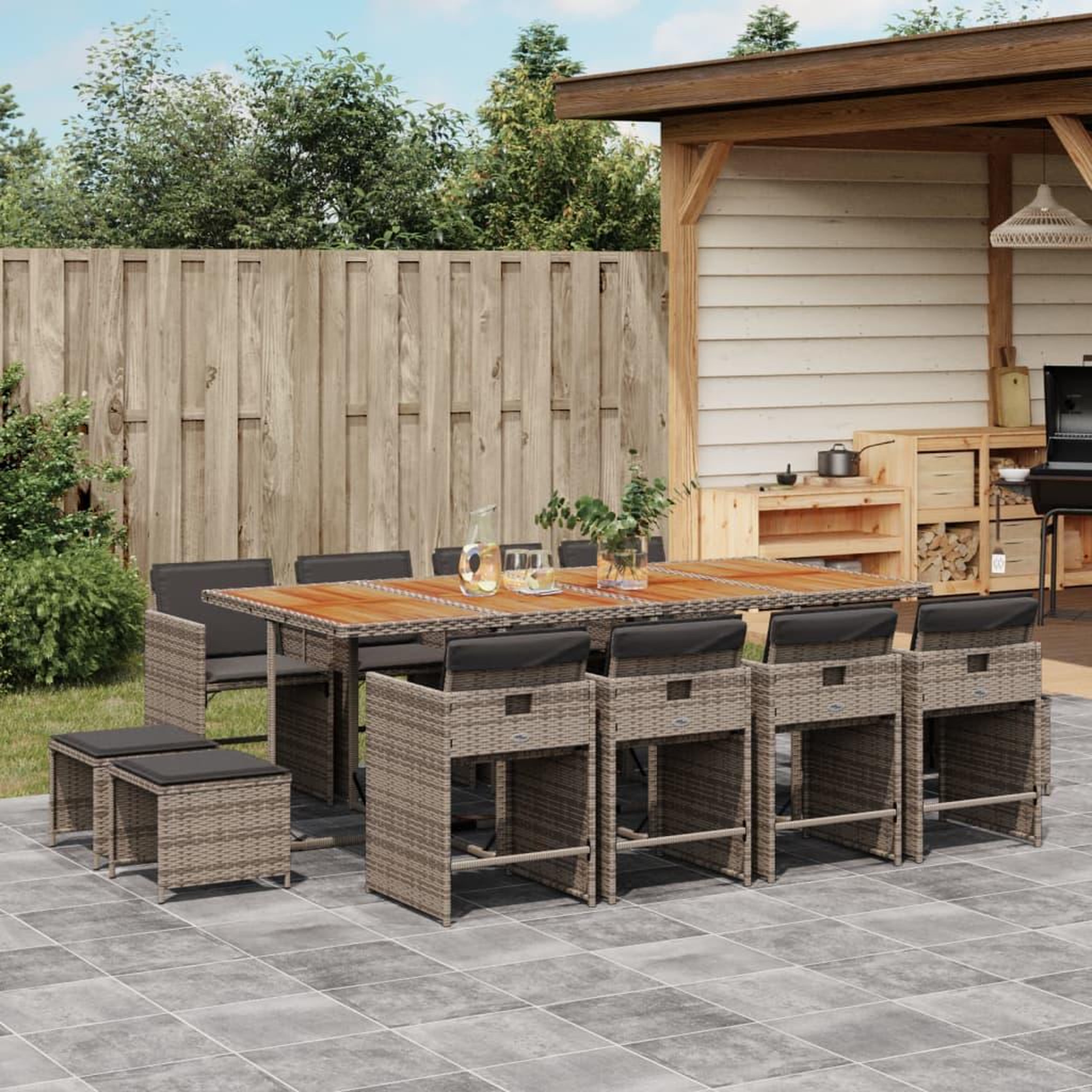 VIDAXL Ensemble a manger de jardin coussins 13 pcs gris resine tressee