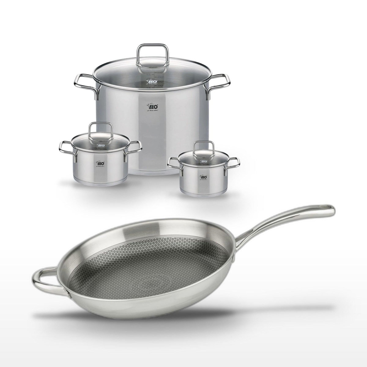 ELO Lot Poêle 32cm Elo Relief Evolution & 3 Faitouts 14/16/26cm Elo