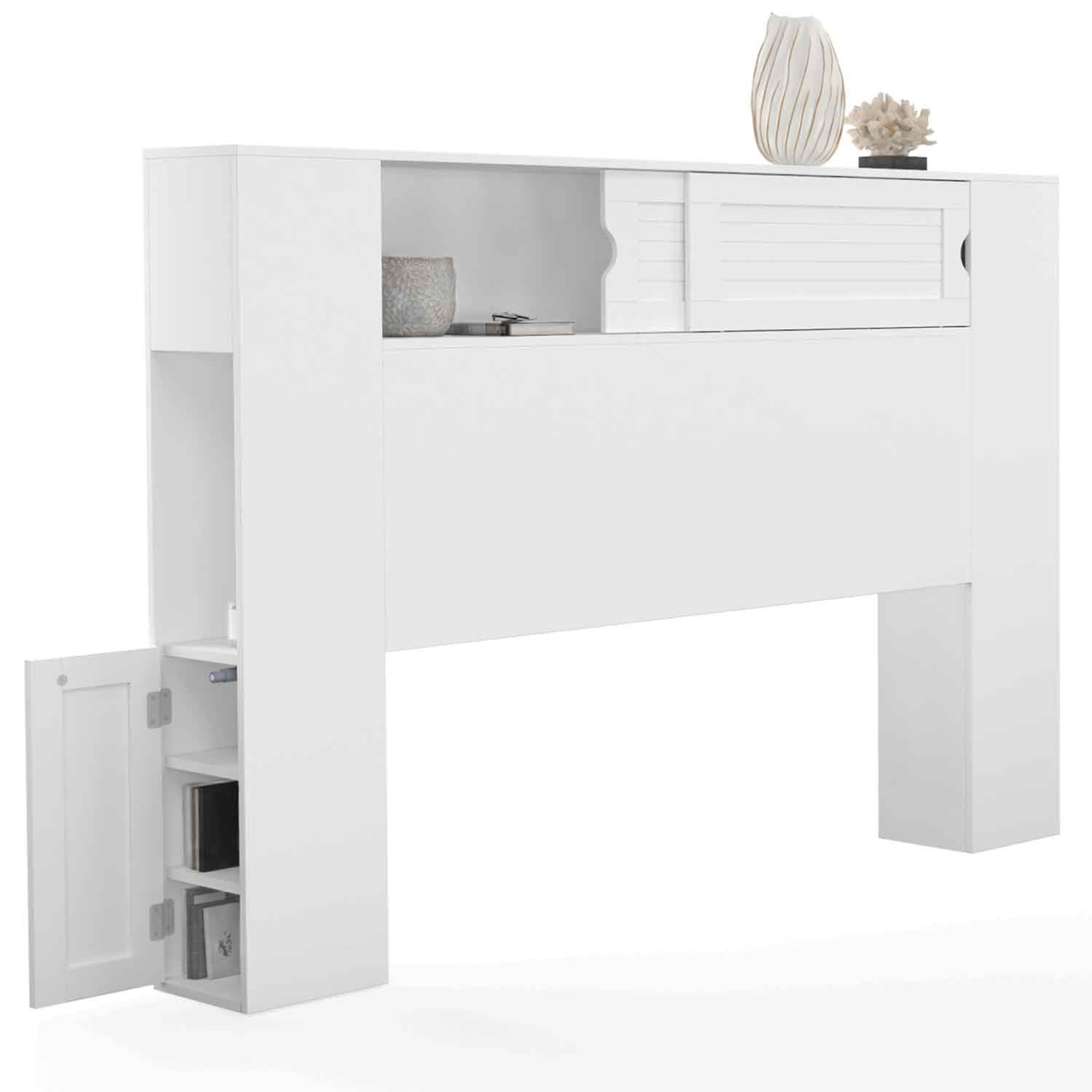 ID MARKET Tête de lit sur pied salem 145 cm avec rangements fermés et niches blanc