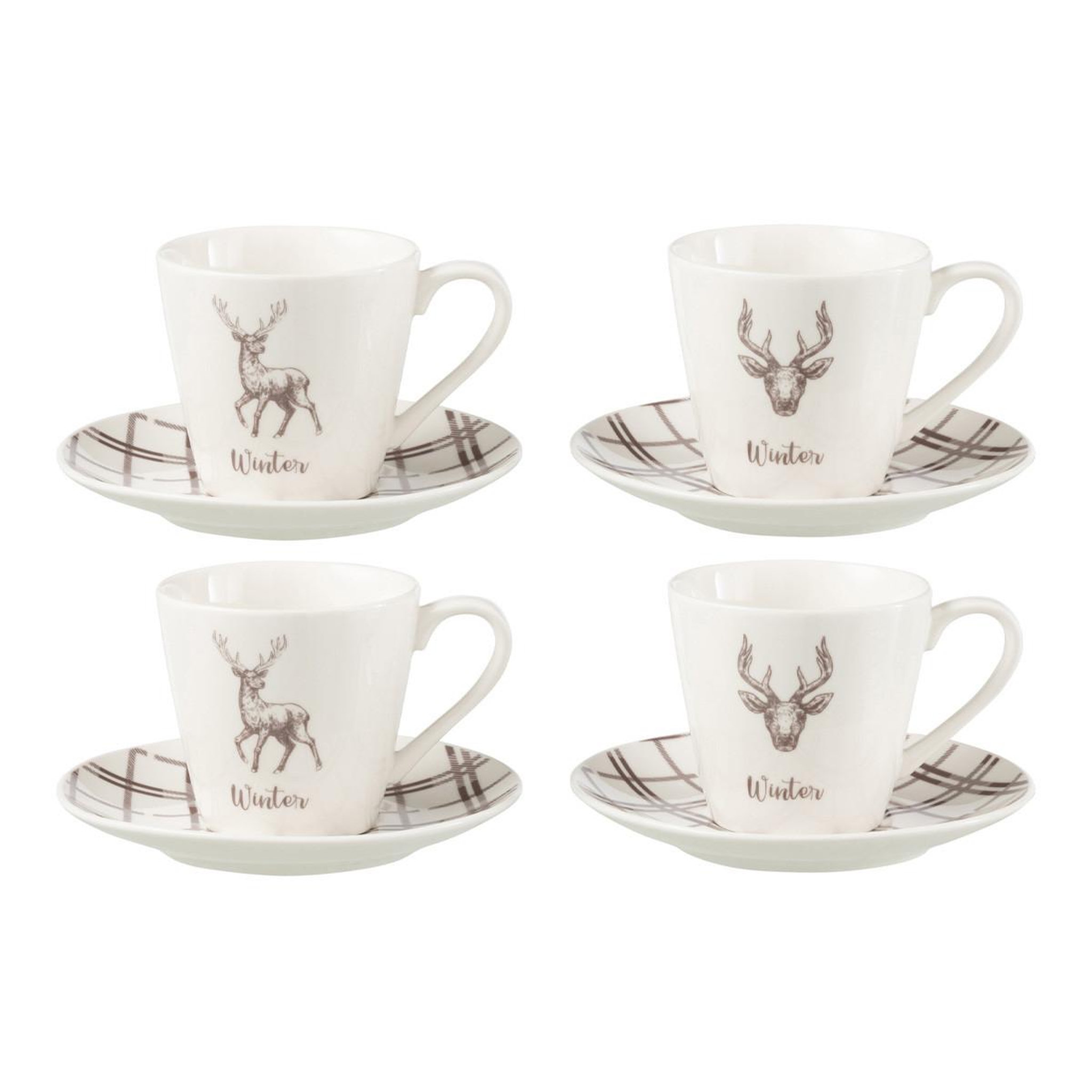 J-LINE Lot de 4 tasses à thé & sous-tasses  renne winter  22cl blanc
