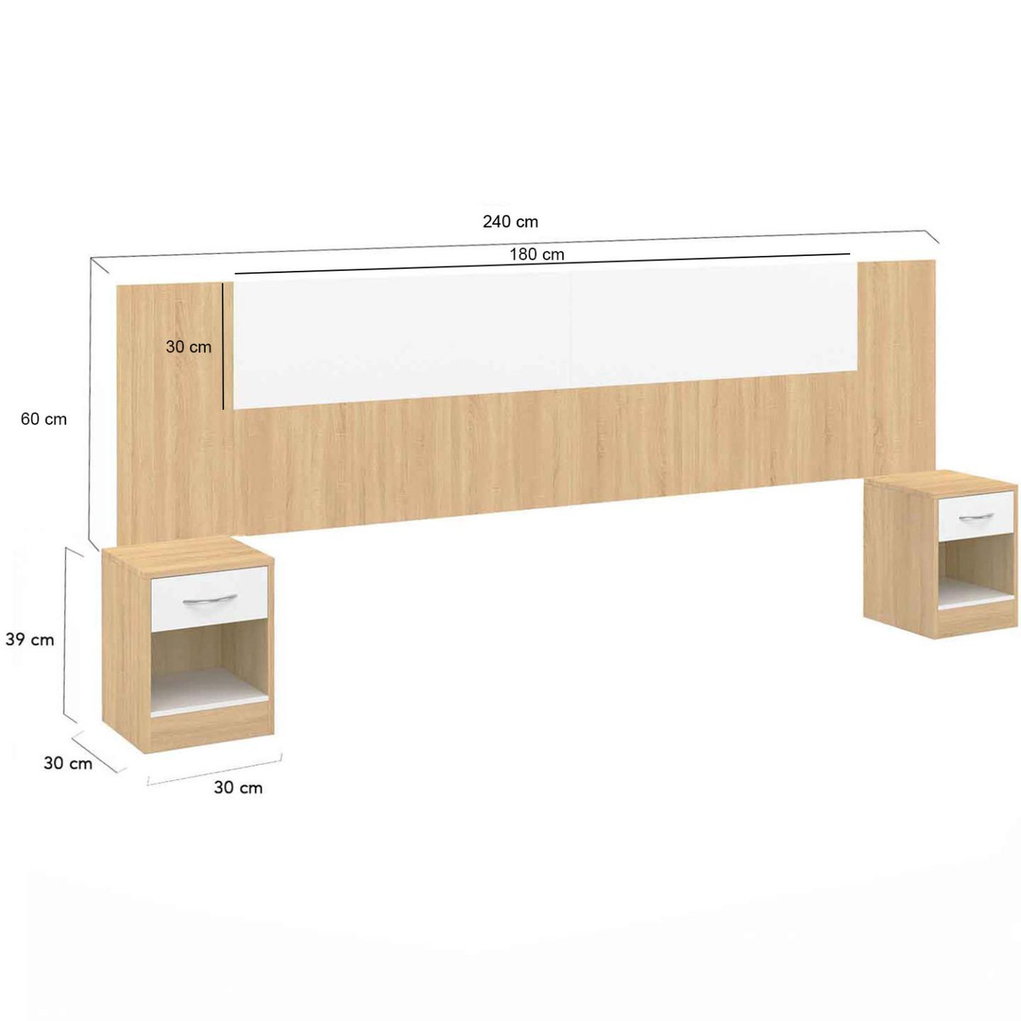 Voir la diapositive 5 : ID MARKET Tête de lit sur pied avec chevets modulables sapa pour lit 140, 160 ou 180 cm bois et blanc