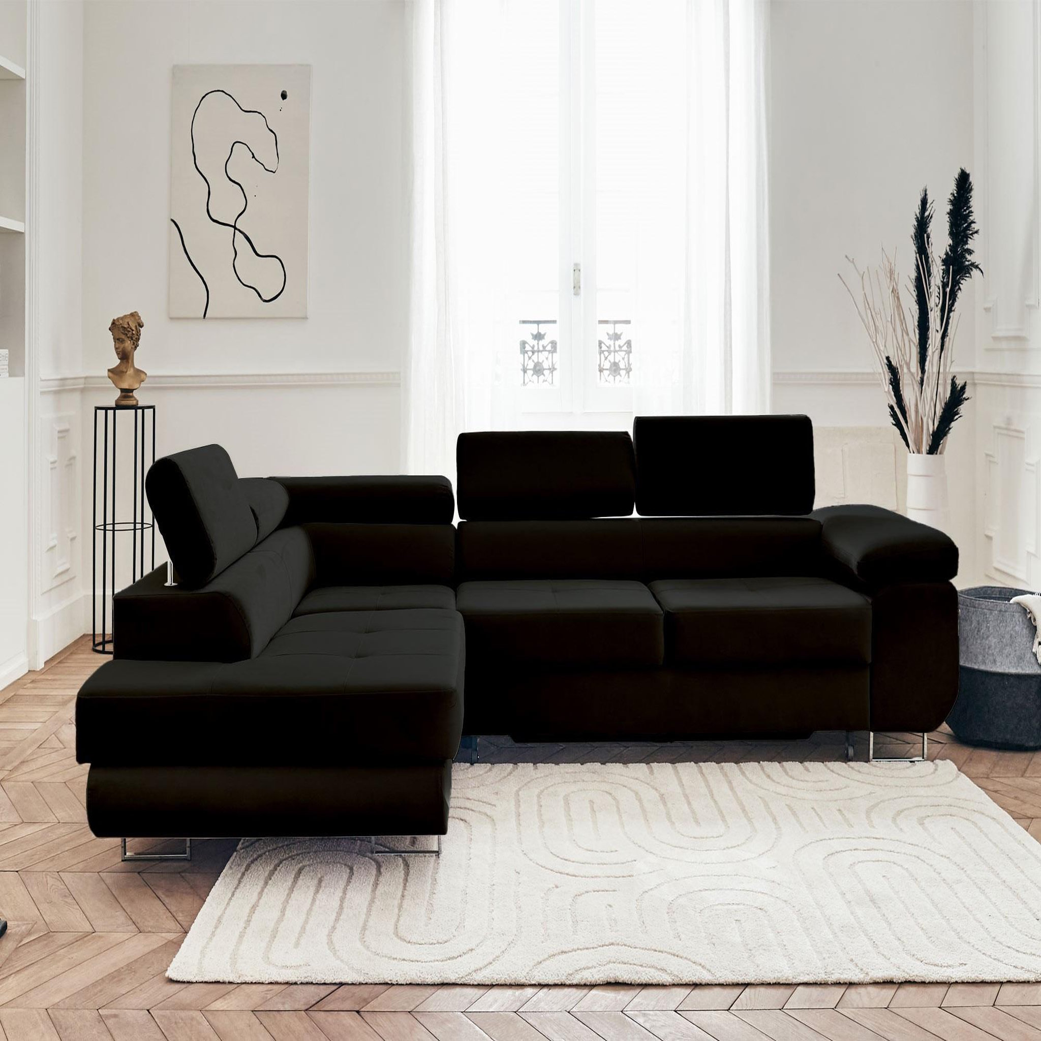 Voir la diapositive 6 : BEST MOBILIER Pablo - canapé d'angle gauche - 5 places - convertible avec coffre et têtières réglables - en velours