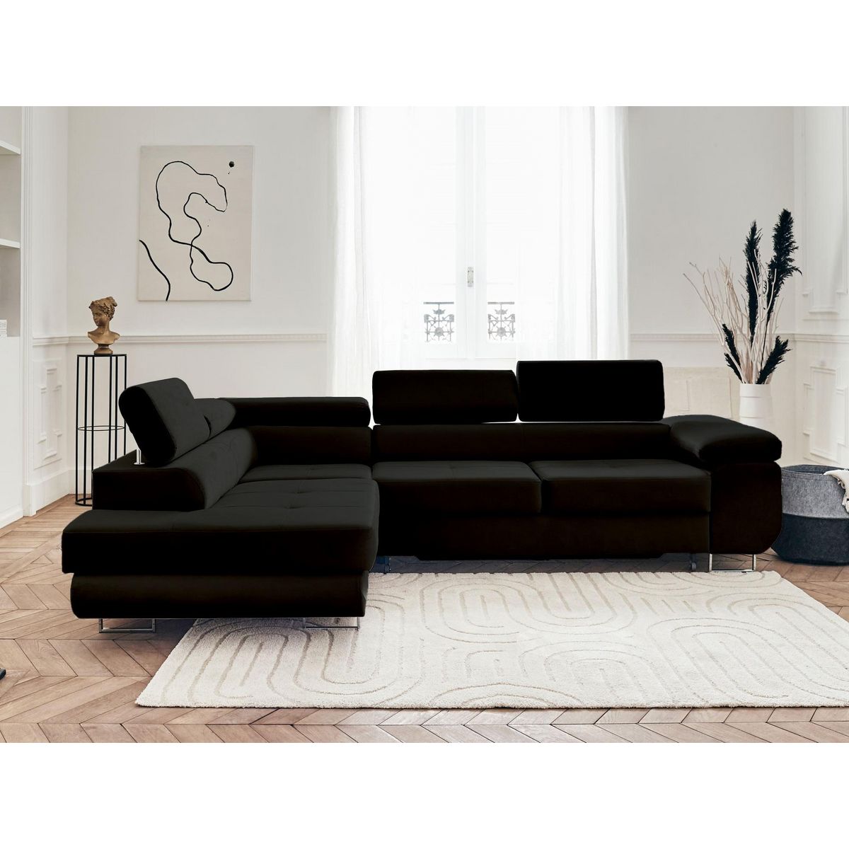 BEST MOBILIER Pablo - canapé d'angle gauche - 5 places - convertible avec coffre et têtières réglables - en velours