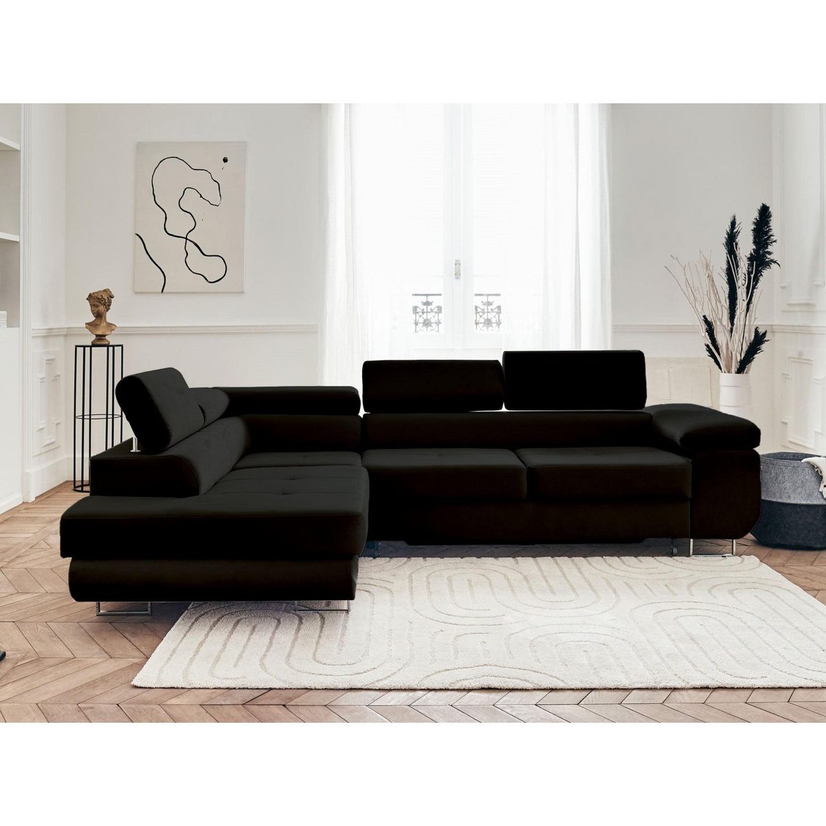 BEST MOBILIER Pablo - canapé d'angle gauche - 5 places - convertible avec coffre et têtières réglables - en velours