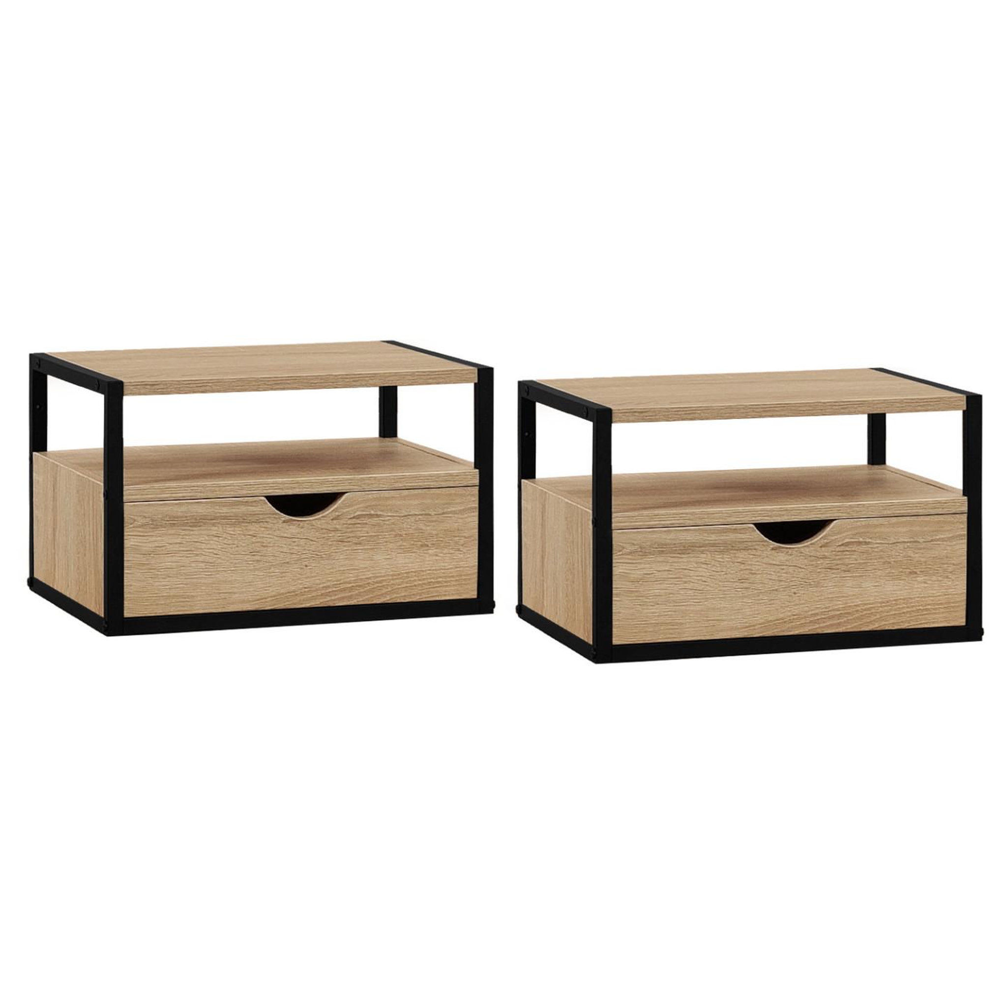 ID MARKET Lot de 2 tables de chevet murales detroit 1 tiroir + 1 tablette suspendus bois et métal noir design industriel
