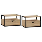ID MARKET Lot de 2 tables de chevet murales DETROIT 1 tiroir + 1 tablette suspendus bois et métal noir design industriel
