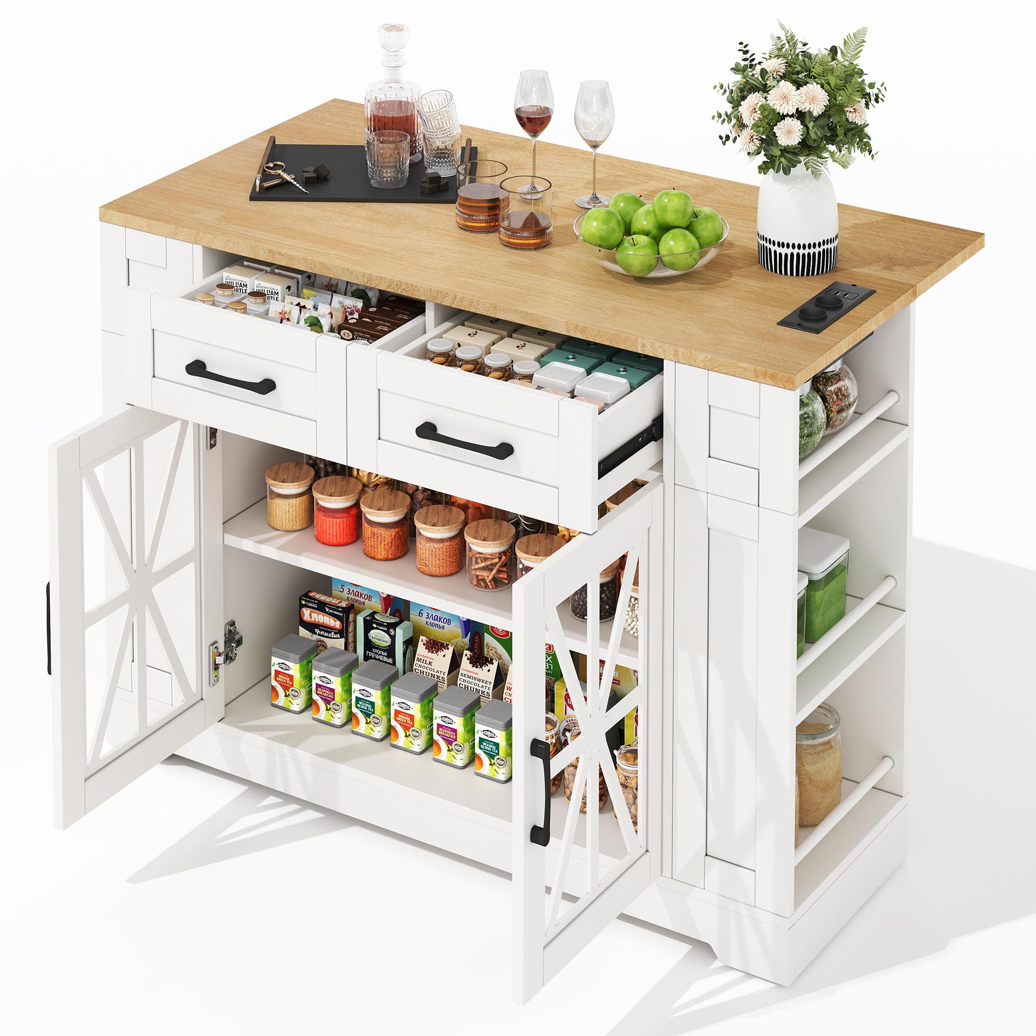 MERAX Ilot de cuisine 2 portes 2 tiroirs coloris blanc mdf