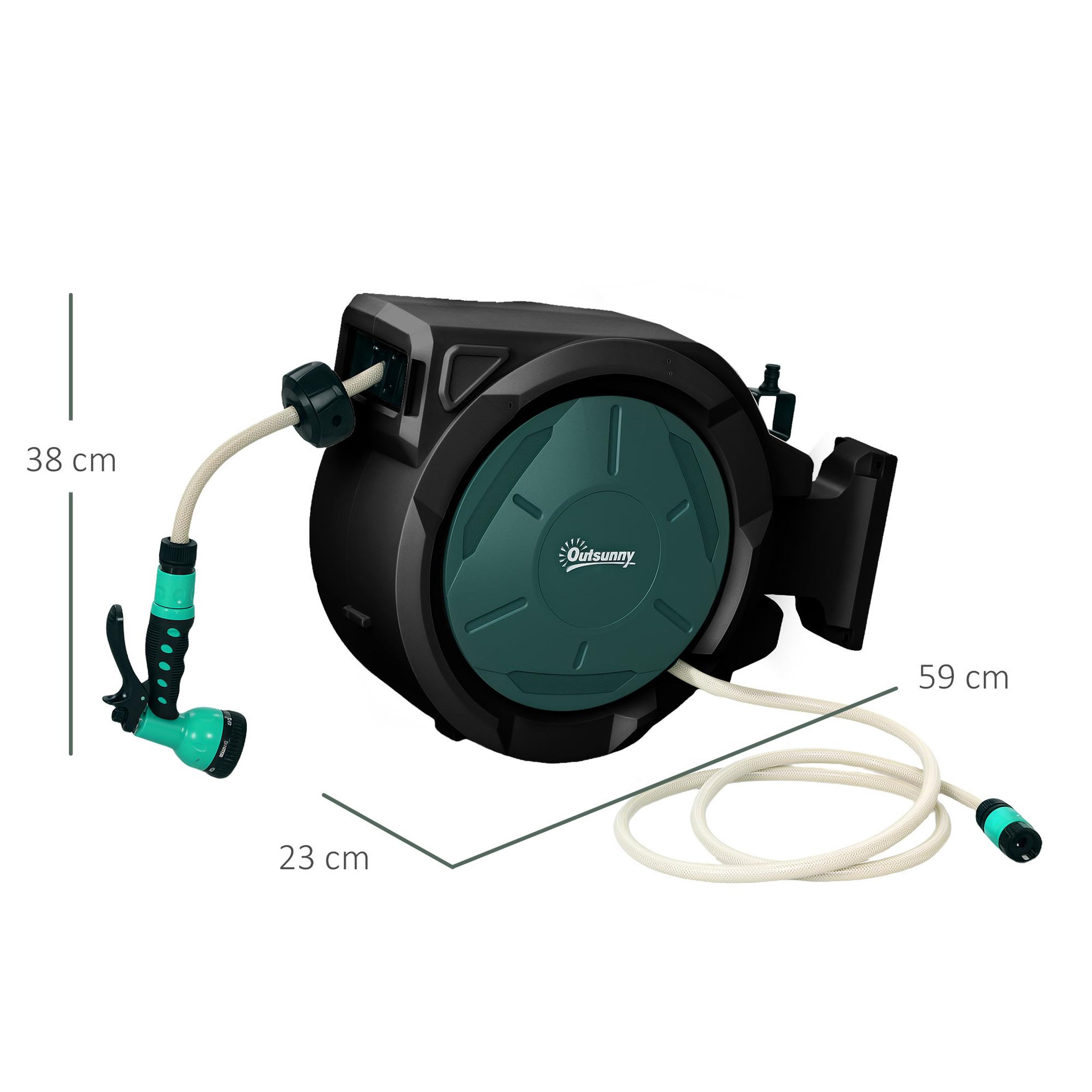 Voir la diapositive 3 : OUTSUNNY Dévidoir mural enrouleur automatique pivotant 180° tuyau 30 + 2 m avec lance arrosage 7 modes support mural intégré vert noir