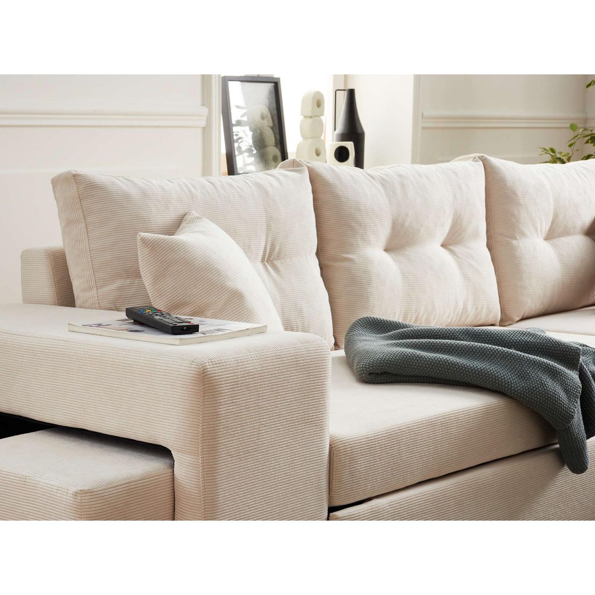 BEST MOBILIER California - canapé d'angle réversible convertible - avec coffre, tablette et poufs - en velours côtelé - 4 places