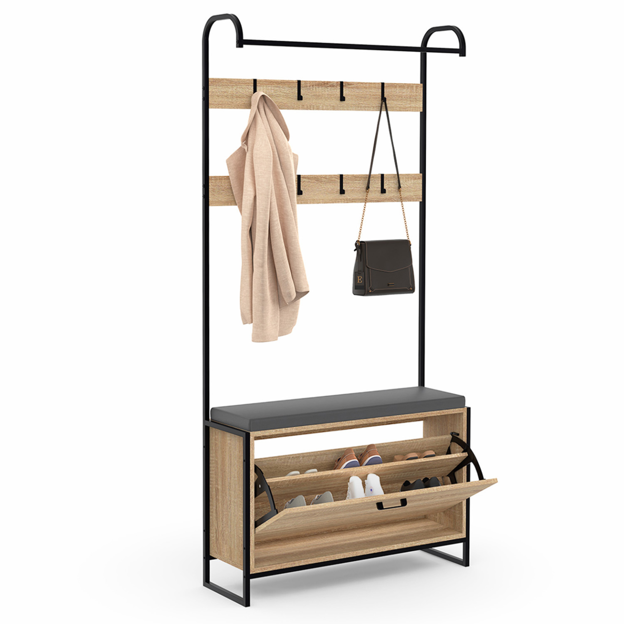 Voir la diapositive 4 : ID MARKET Vestiaire d'entrée luis avec banc et meuble à chaussures 1 porte design industriel