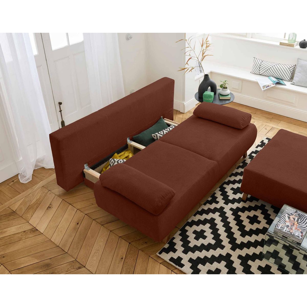 BEST MOBILIER Cristal - canapé 3 places - convertible avec coffre et grand pouf - en velours côtelé