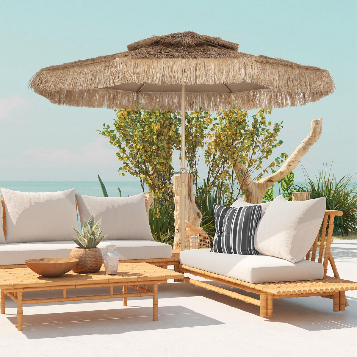 OUTSUNNY Parasol droit style Hawaïen - parasol à franges raphia diamètre 294 cm - manivelle métal marron clair