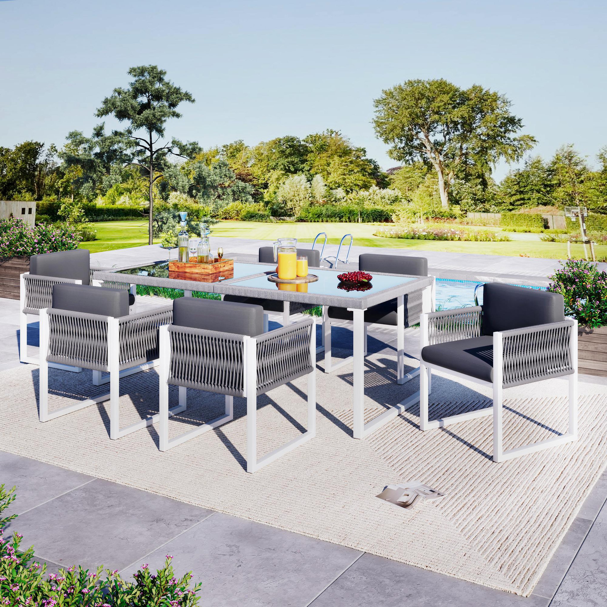 Voir la diapositive 1 : MERAX Salon de jardin 6 places en corde tressée avec table et fauteuils