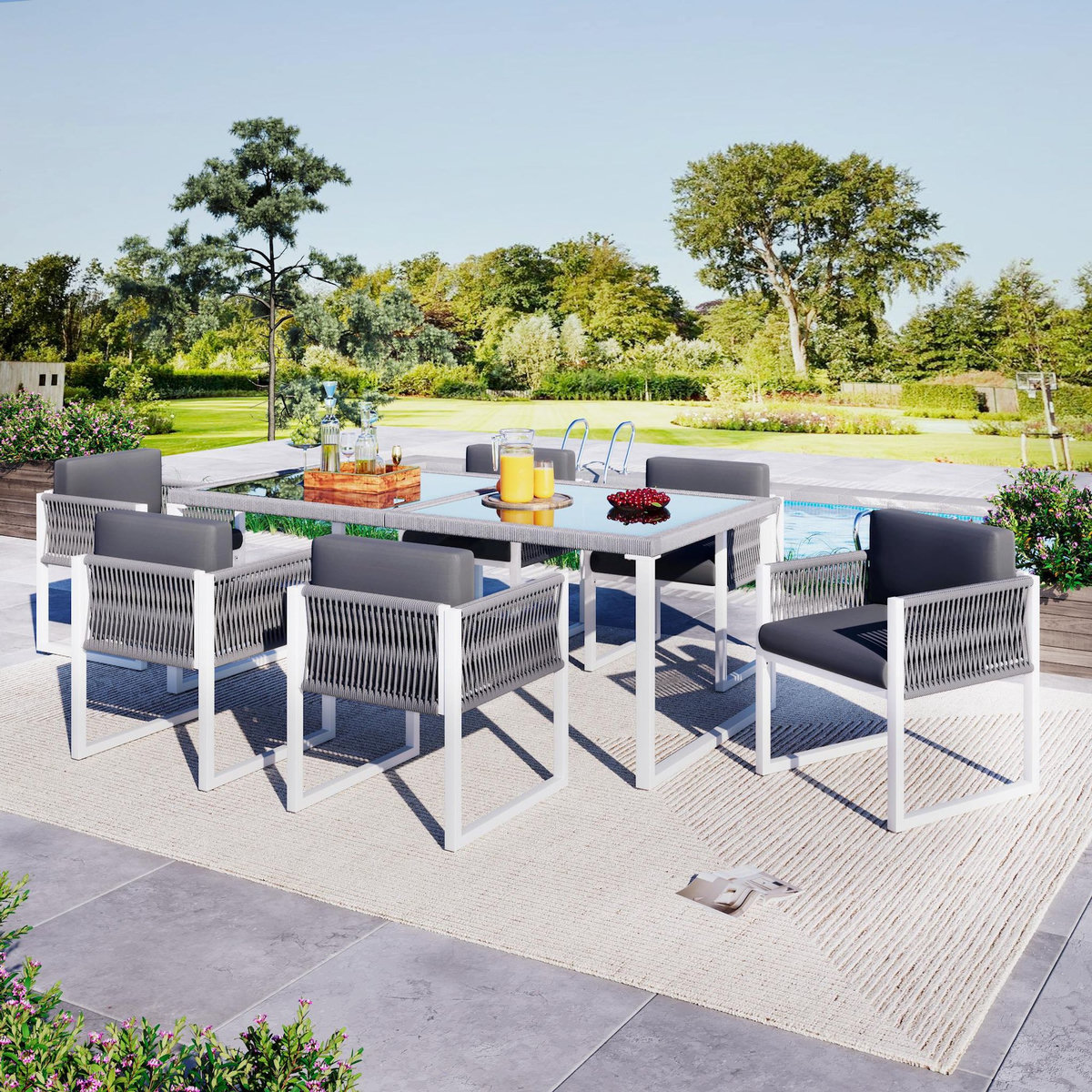 MERAX Salon de jardin 6 places en corde tressée avec table et fauteuils