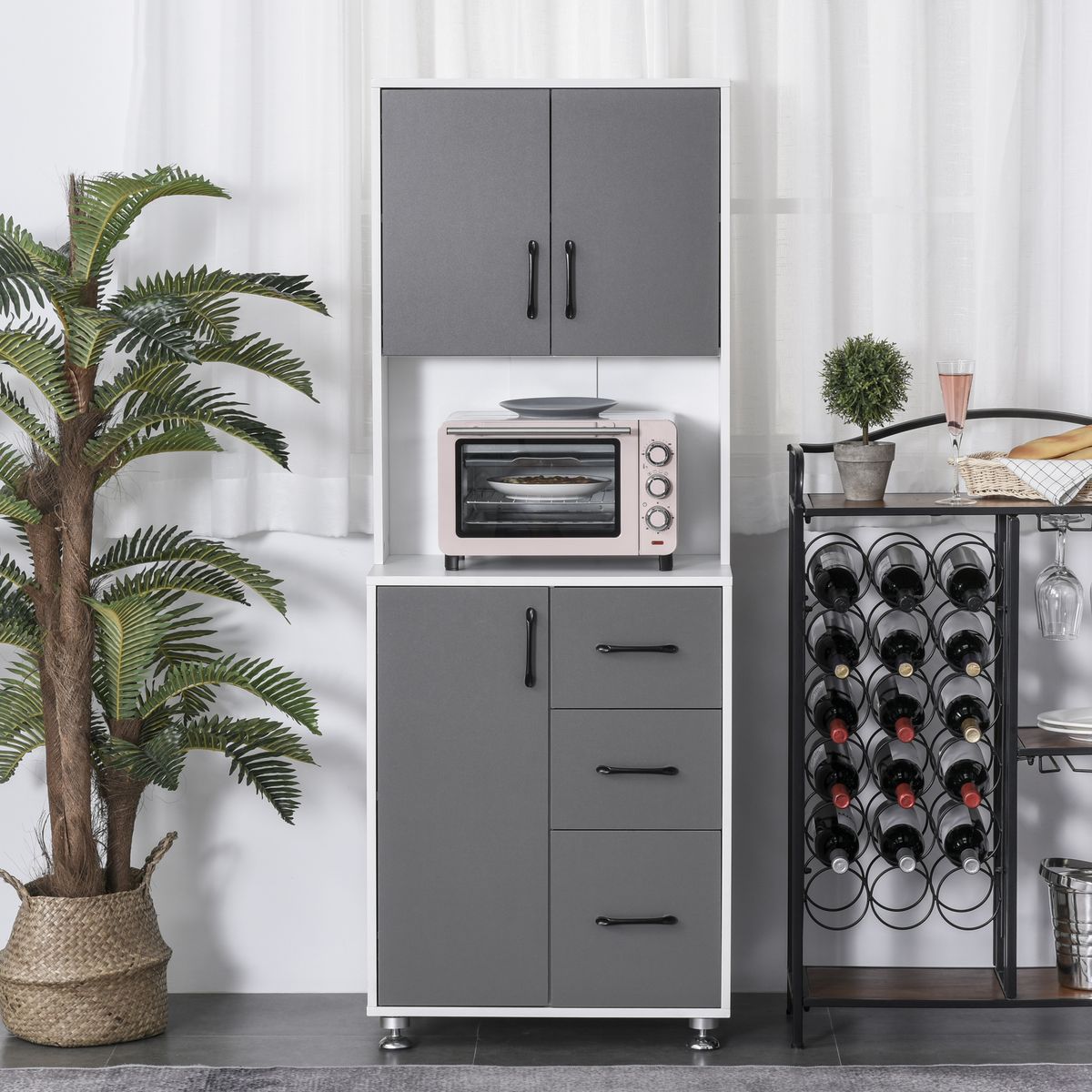 HOMCOM HOMCOM Armoire de cuisine multi-rangements 2 + 1 porte 3 tiroirs + grand plateau dim. 60L x 40l x 150H cm bicolore gris blanc