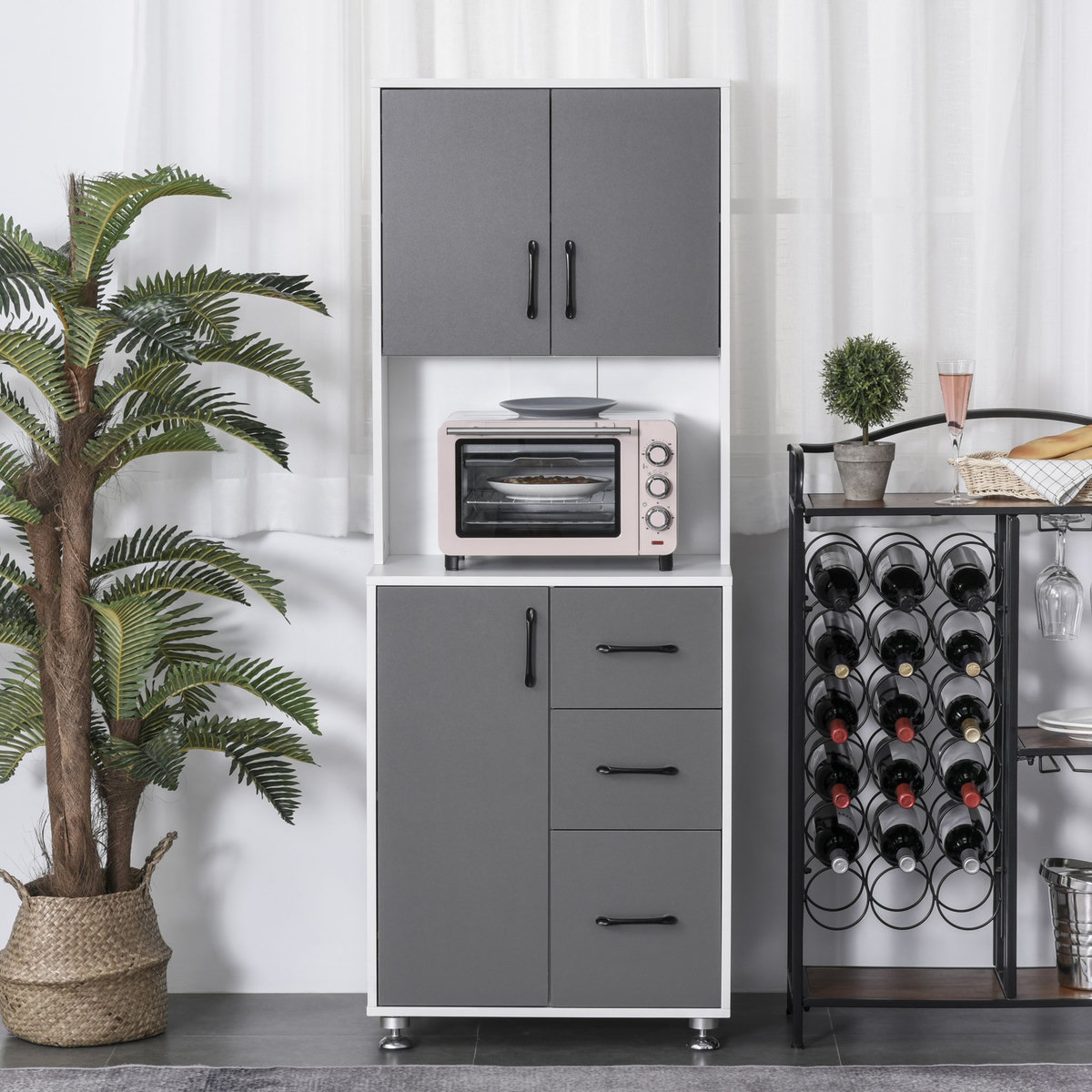 HOMCOM HOMCOM Armoire de cuisine multi-rangements 2 + 1 porte 3 tiroirs + grand plateau dim. 60L x 40l x 150H cm bicolore gris blanc